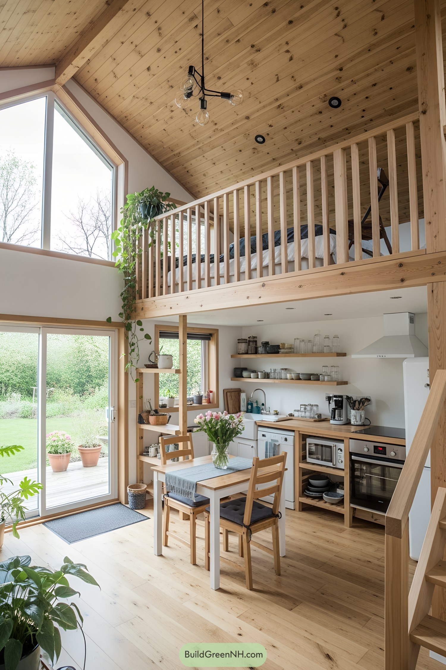 Open-concept tiny house with loft and large windows