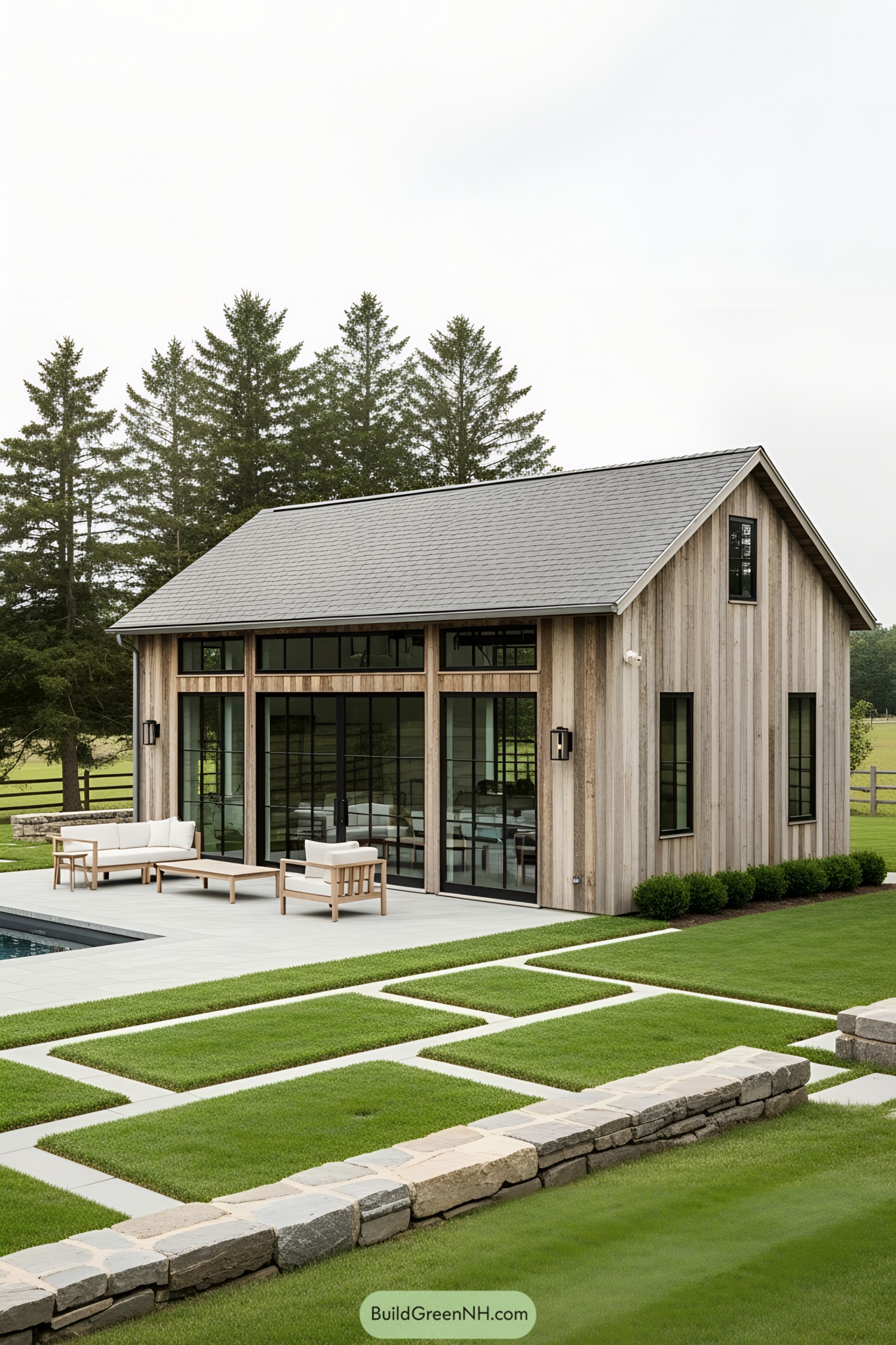 Small wooden pool house with glass doors and patio seating