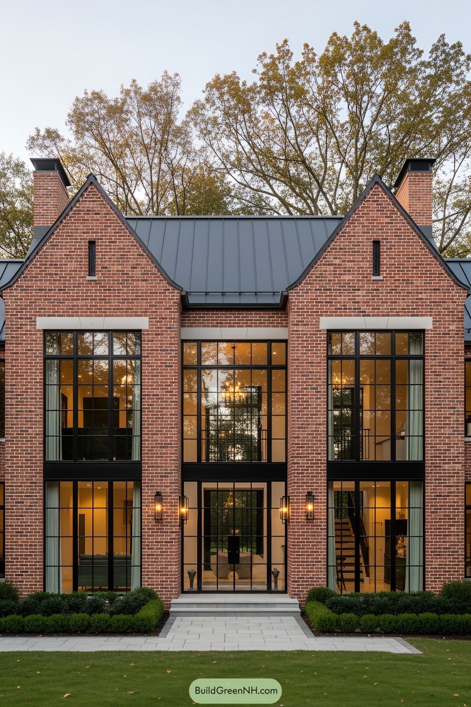 A stately brick farmhouse with large, elegant windows and a manicured lawn