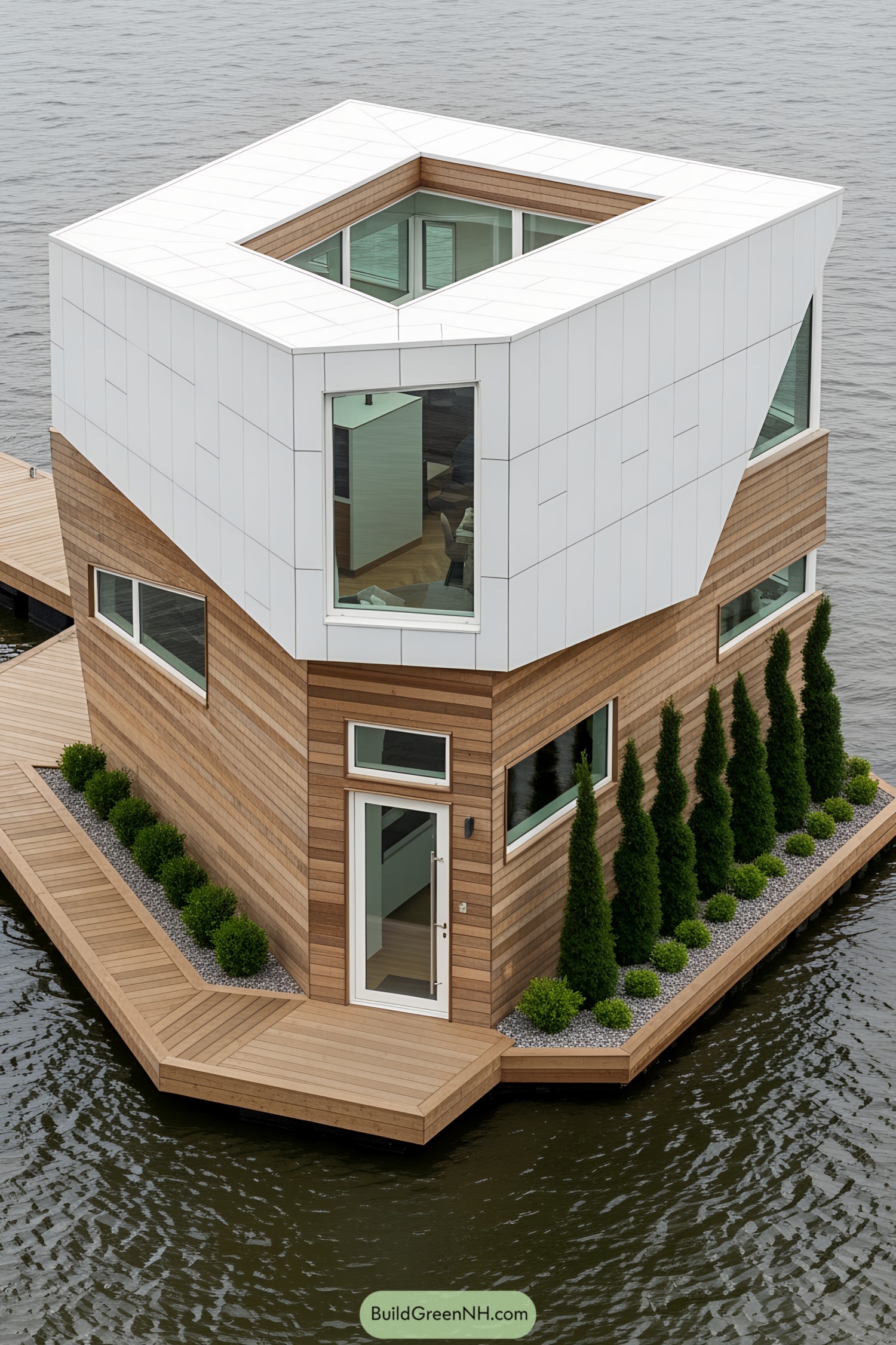 Wooden floating house with sleek, geometric design