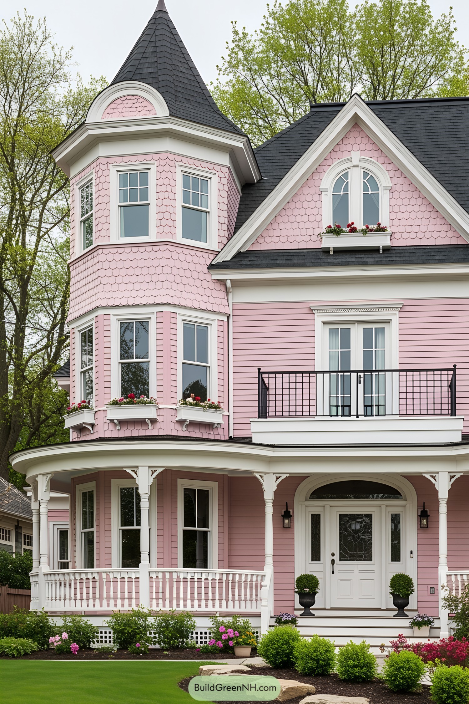 Pink Victorian house with a turret and porch