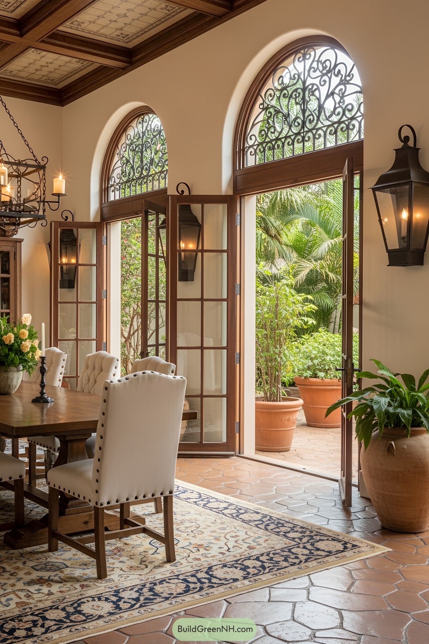 Dining room with open French doors to a lush garden