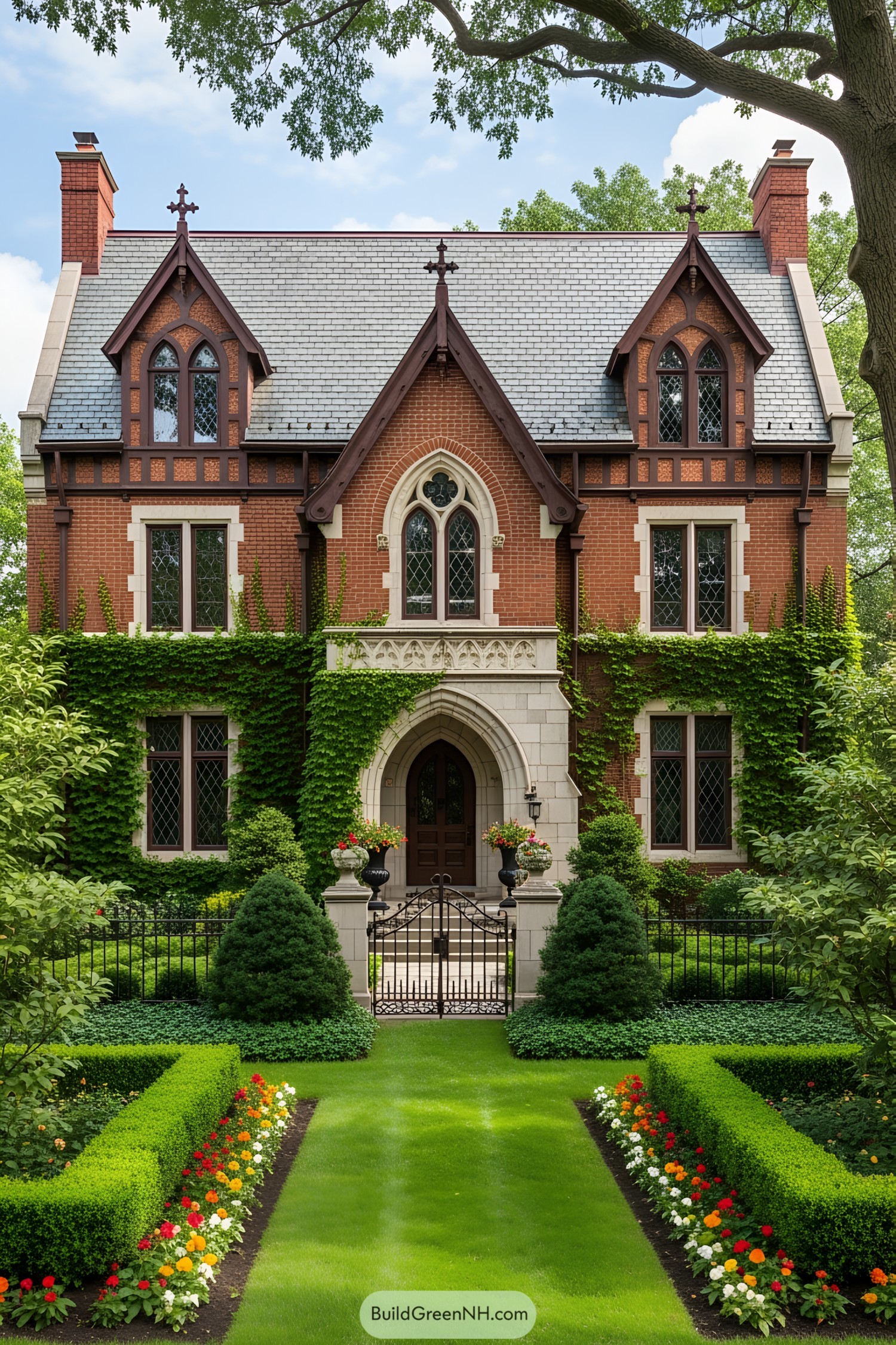 A Gothic Victorian house with ivy-covered walls and ornate gables