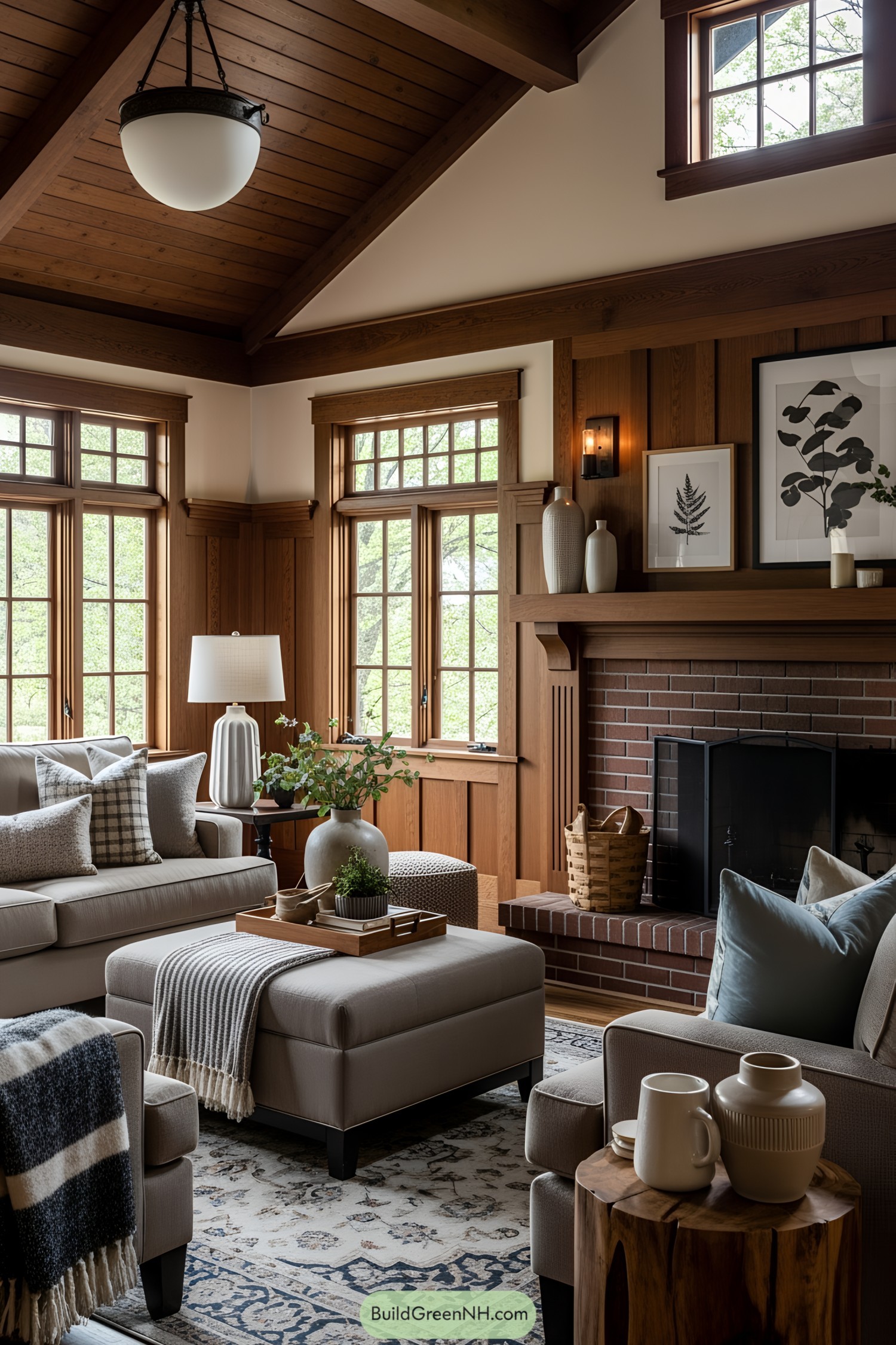 Living room with rustic wood accents and cozy furniture