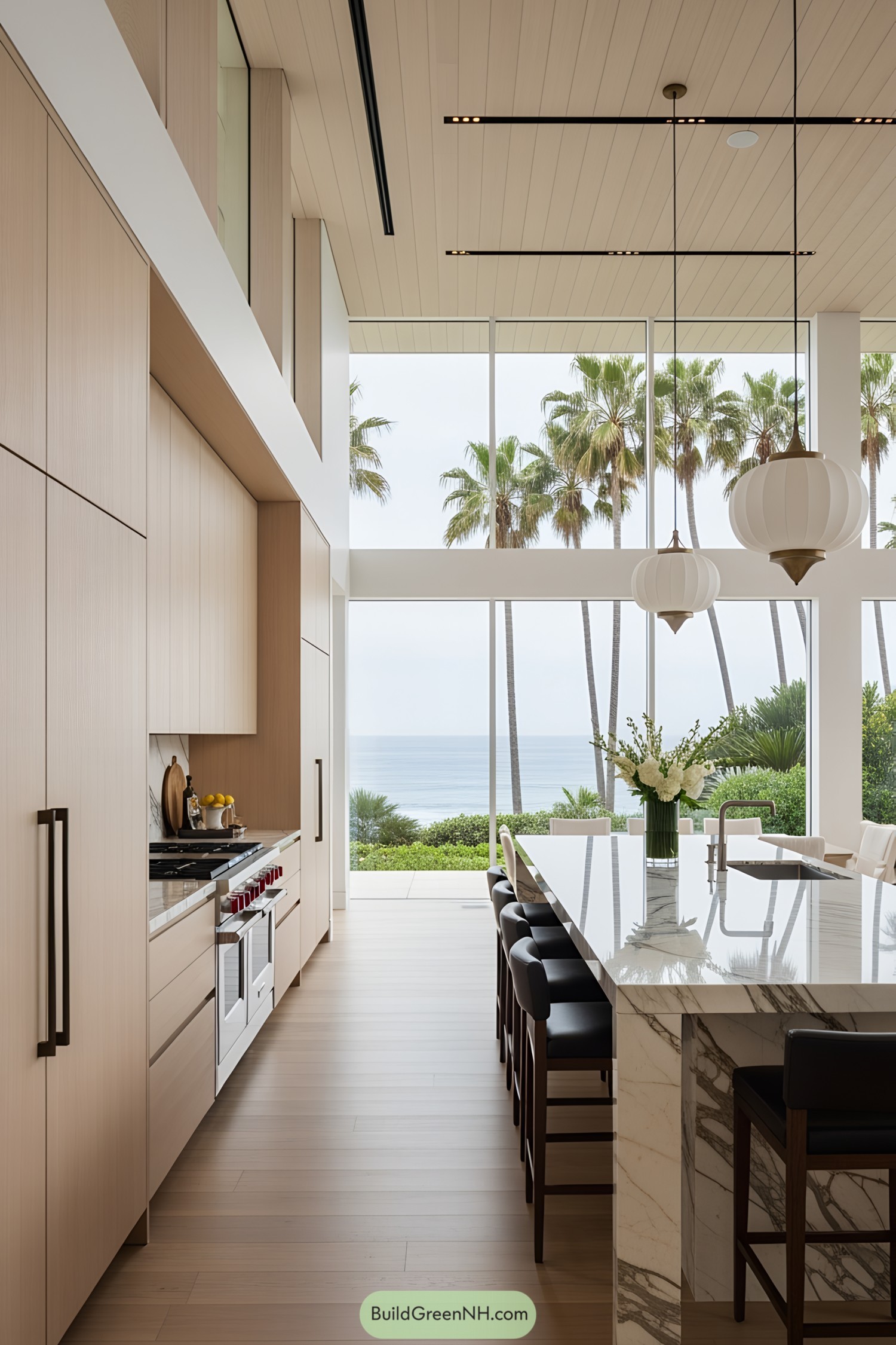 Luxurious kitchen with ocean view and marble island