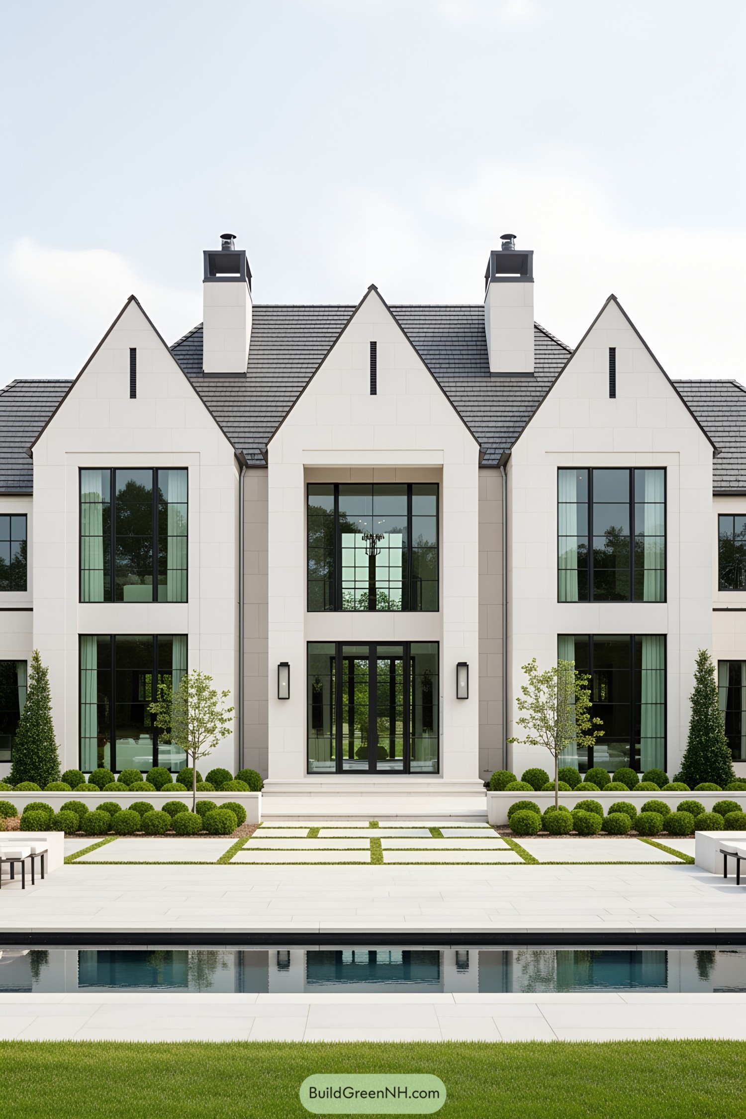 Modern white house with lush greenery