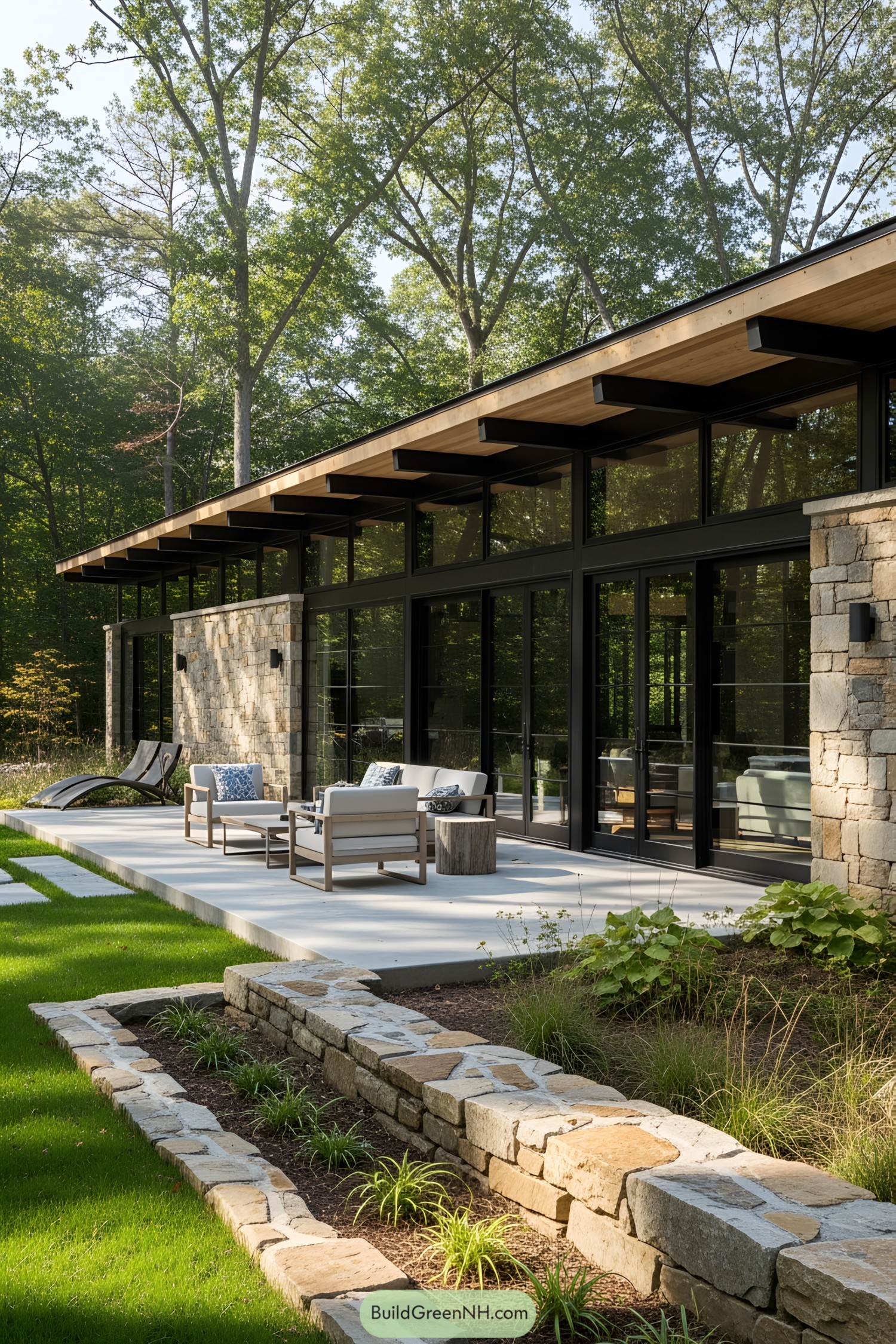 Modern house with stone accents and large glass windows