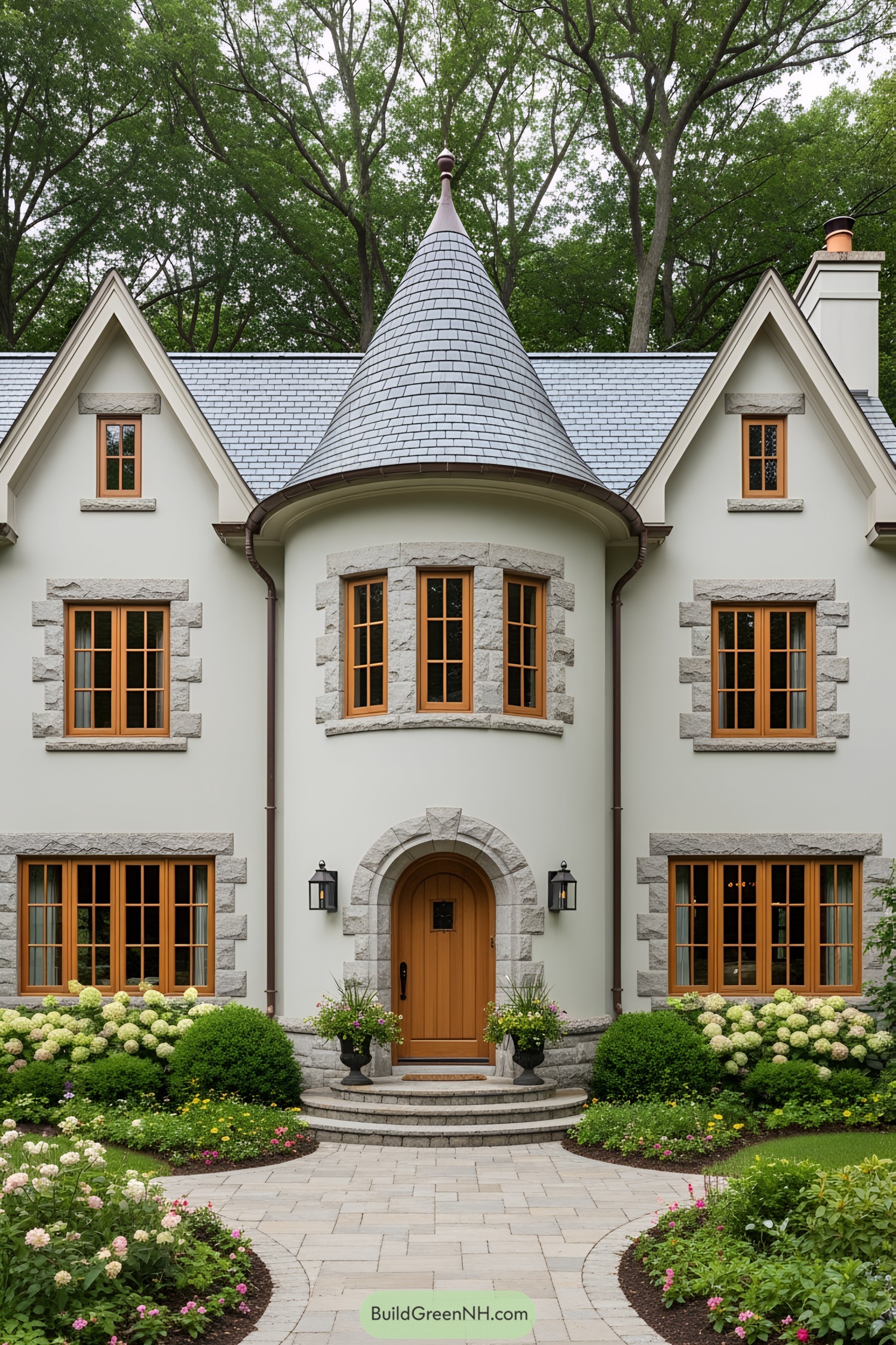 Victorian cottage with large turret and lush garden