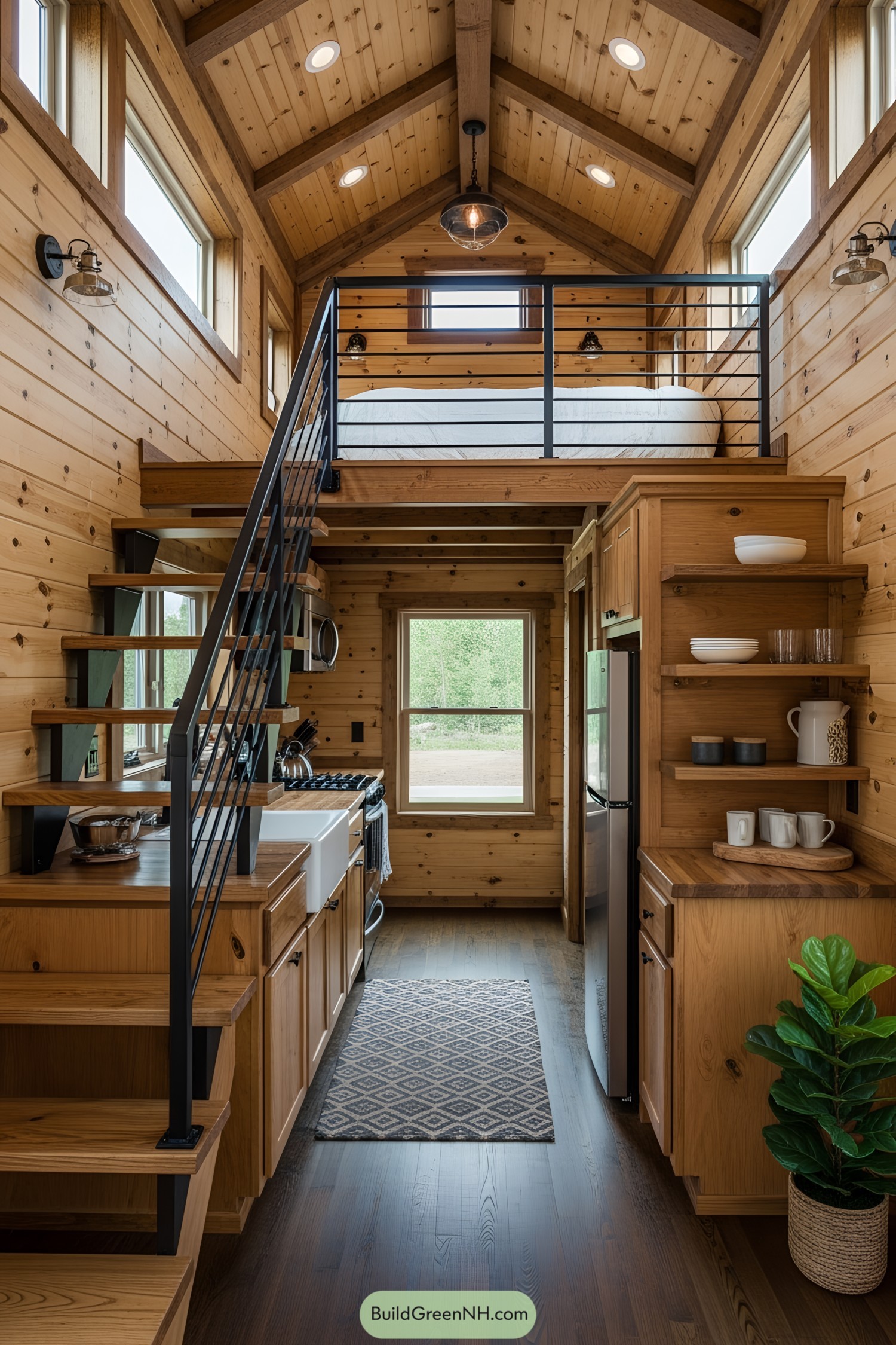 Interior of a cozy lofted tiny house with wood finishings
