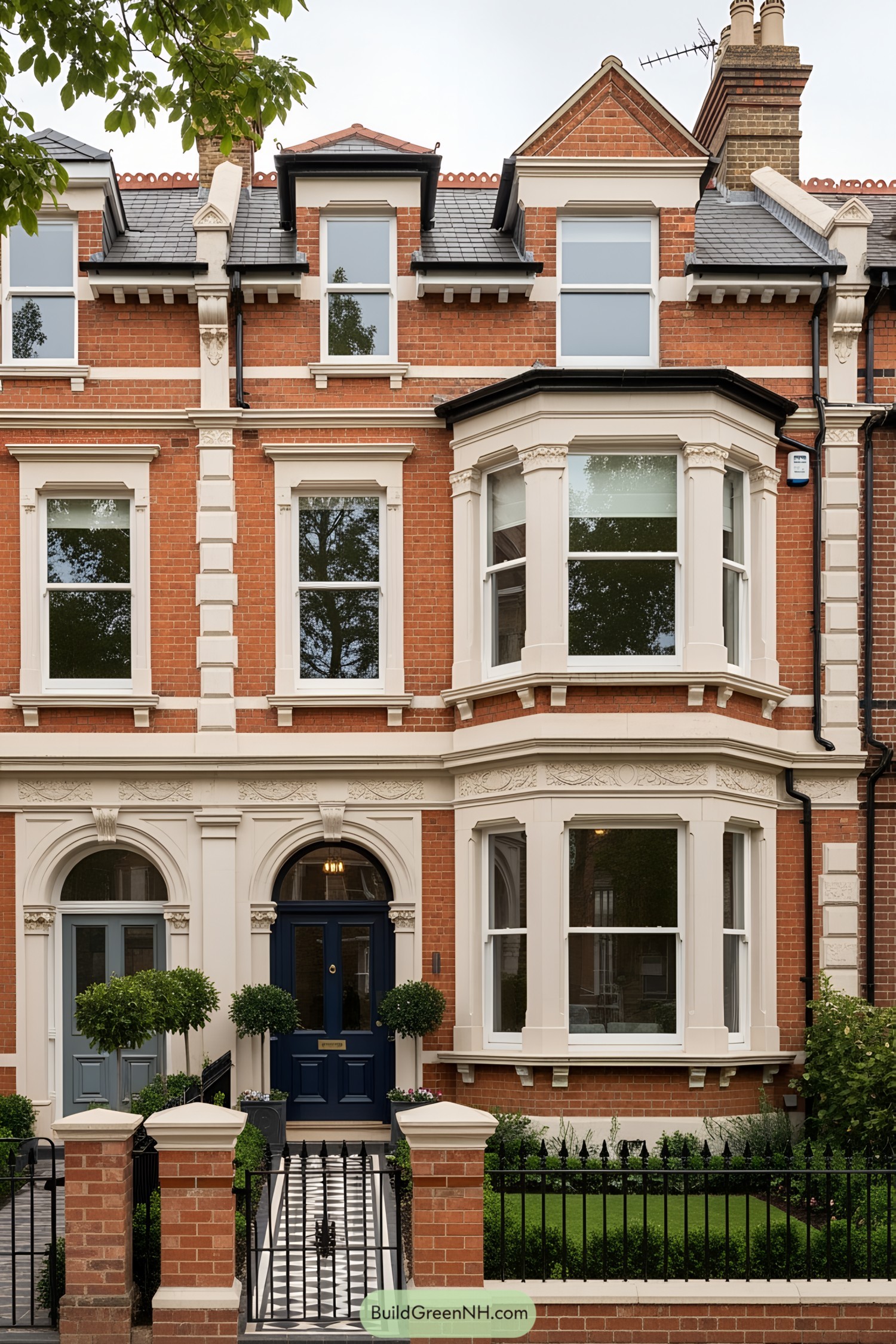 Victorian terrace house with ornate details and lush greenery