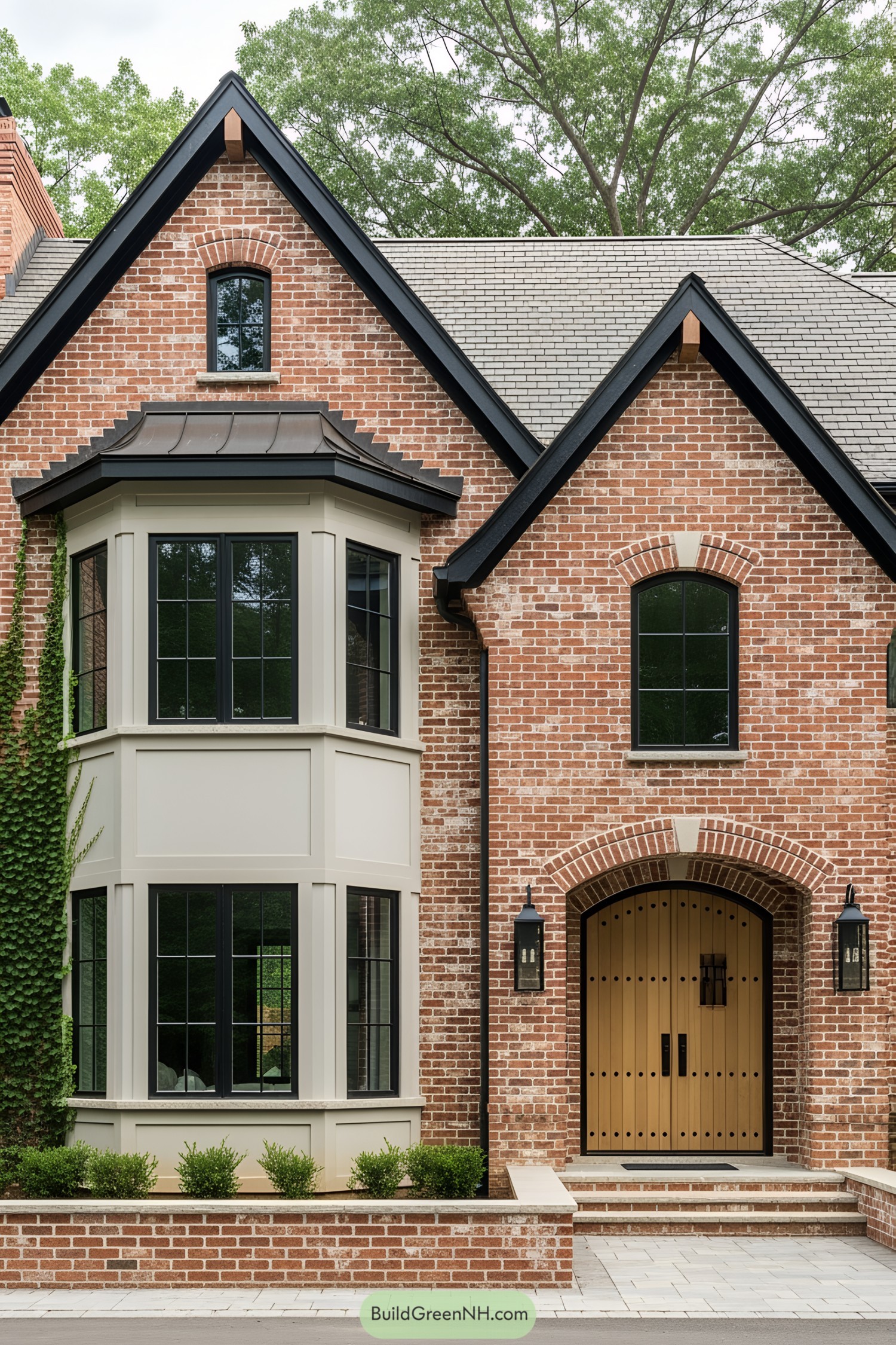 Elegant brick farmhouse with bay windows and arched doorway