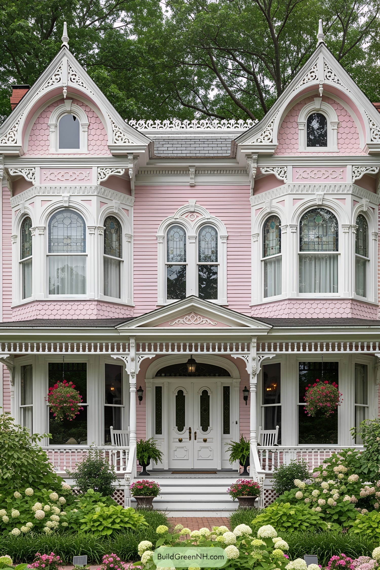 Pink Victorian house with ornate trim and lush garden