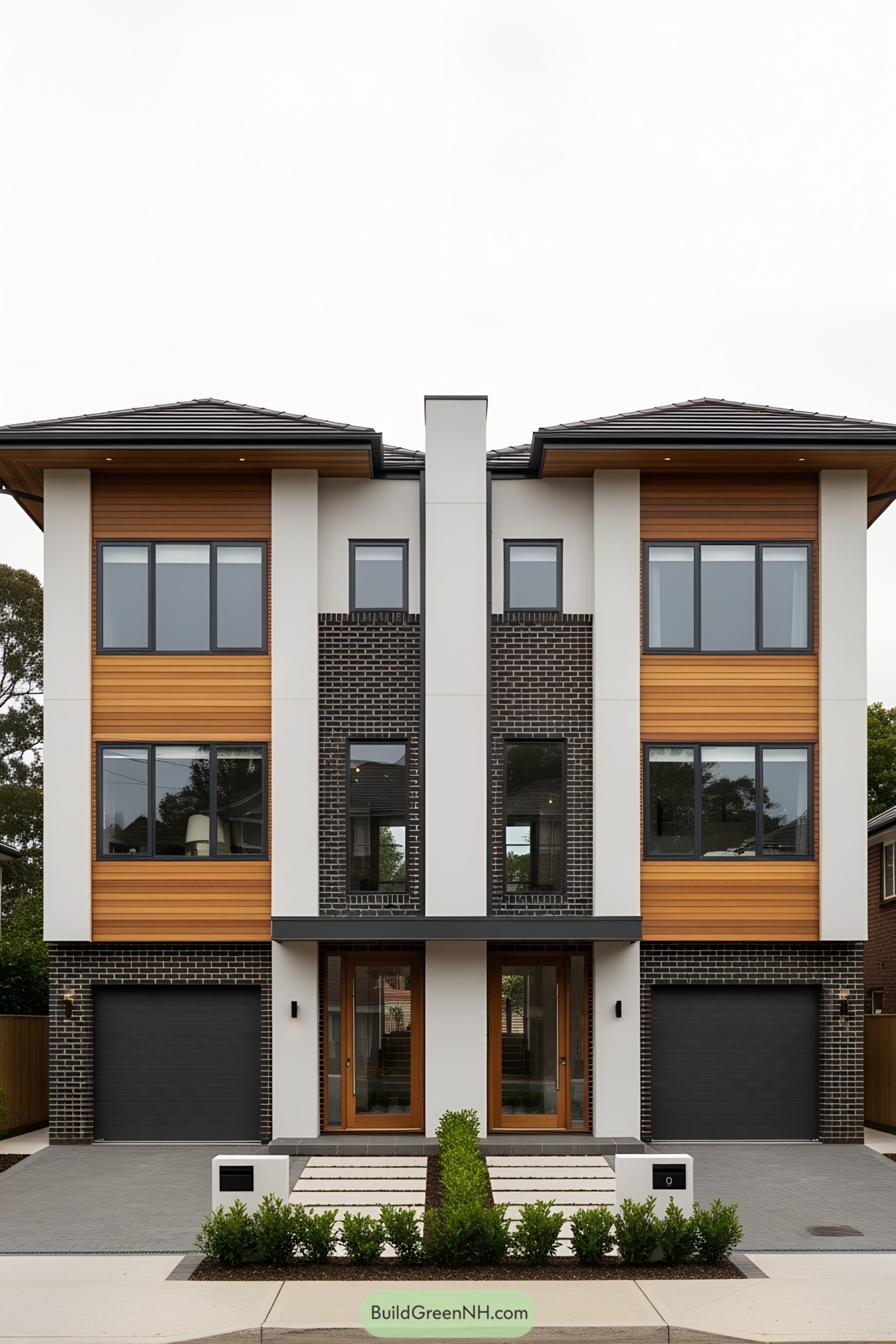 Modern duplex with brick and wood facade