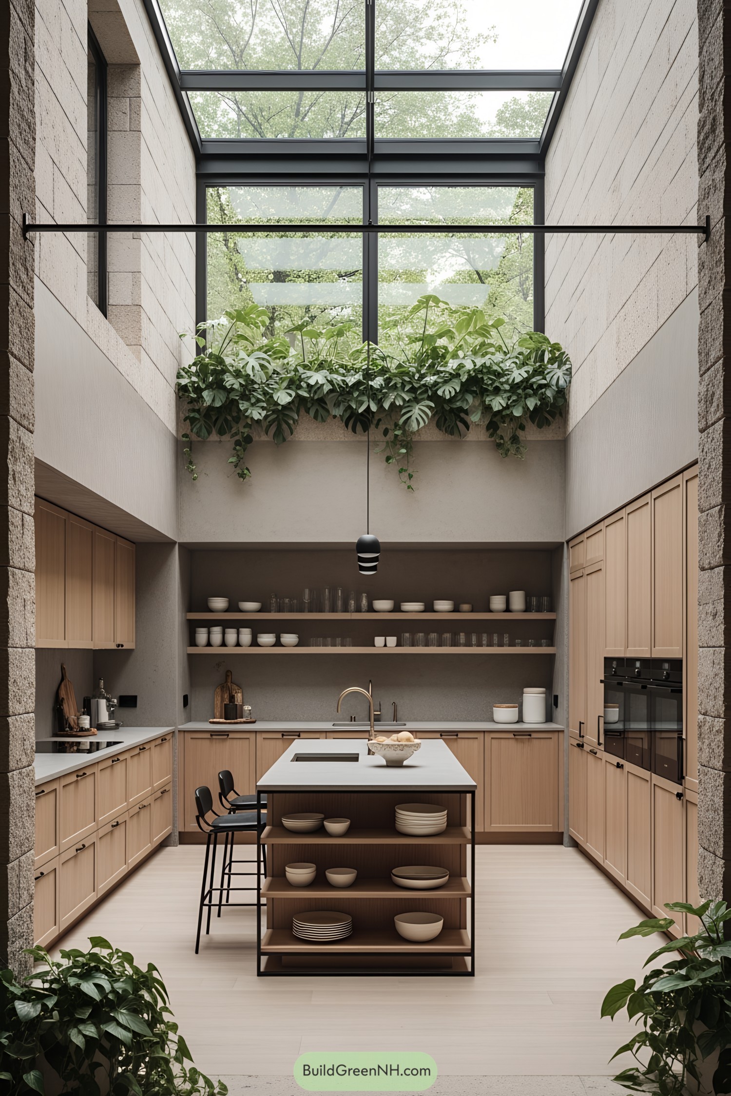 Modern kitchen with large skylight and lush greenery