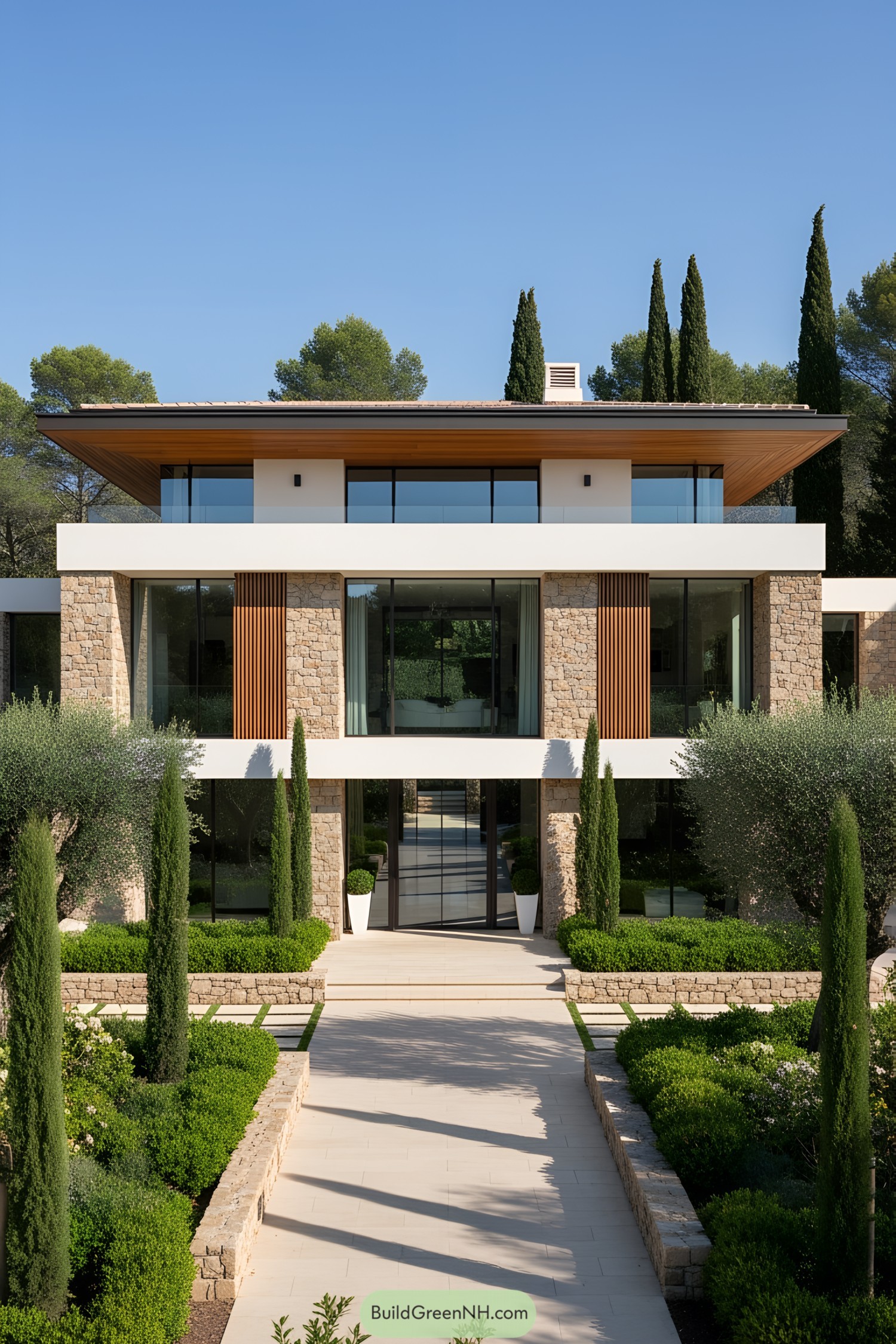 Luxury villa with stone facade and manicured garden