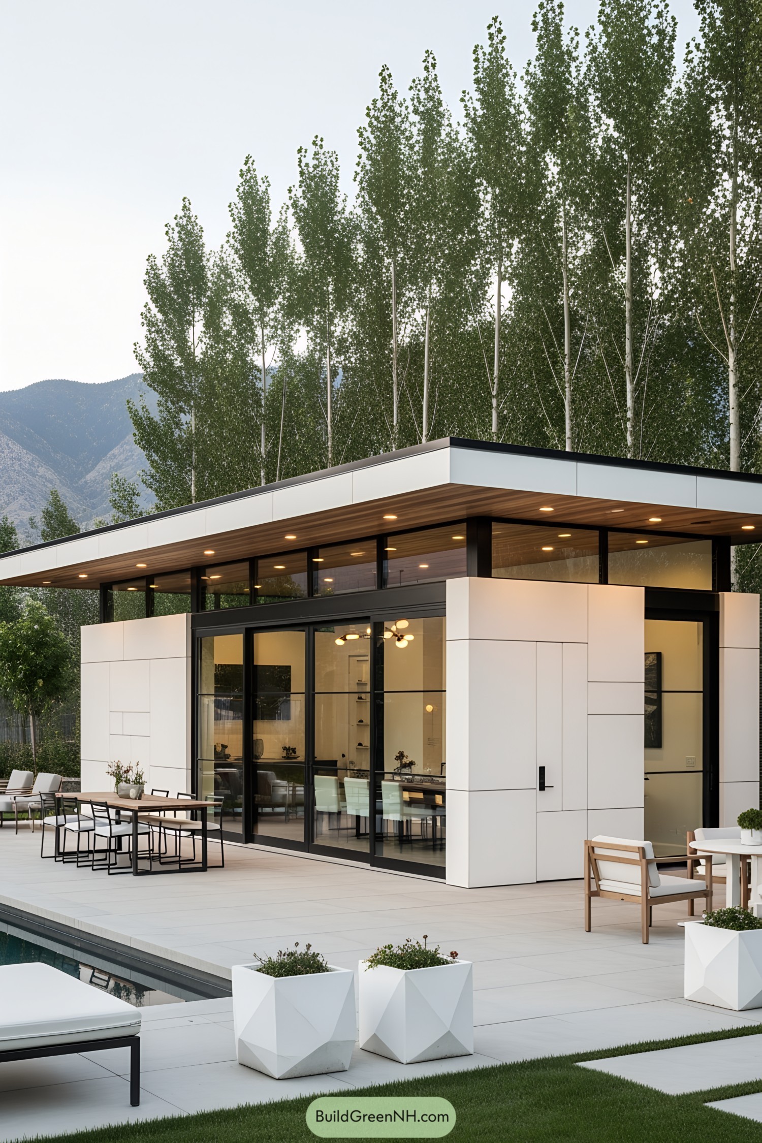 Modern pool house with large windows and sleek design