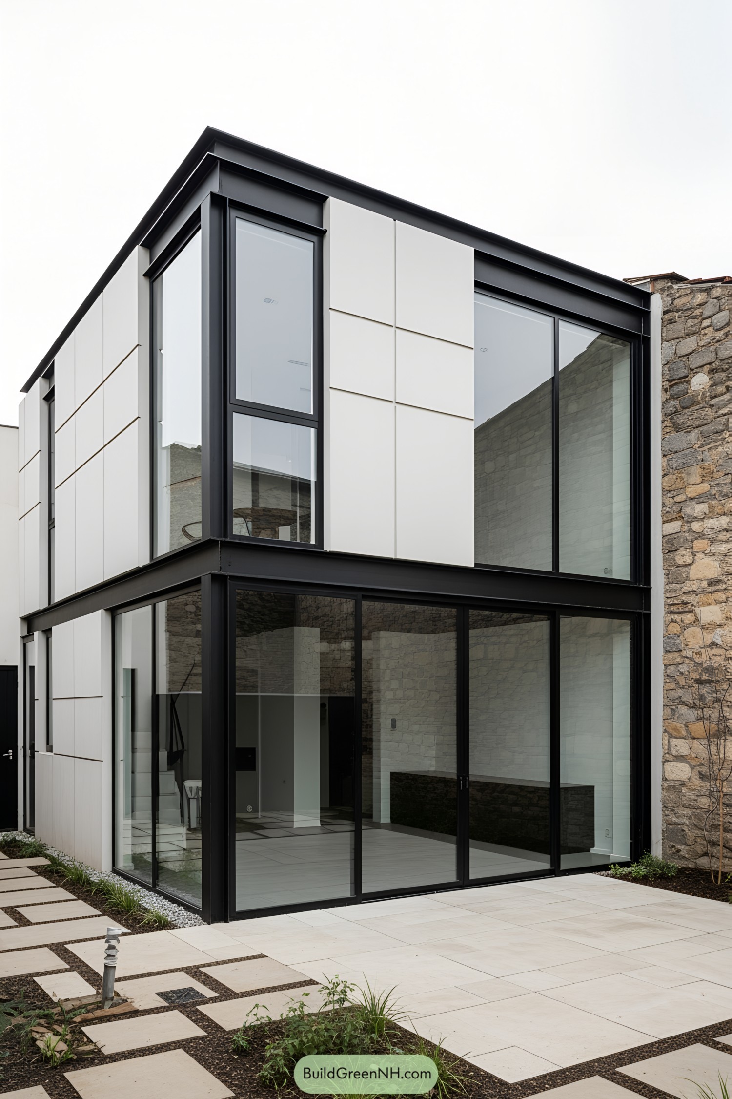 Sleek industrial house exterior with glass walls