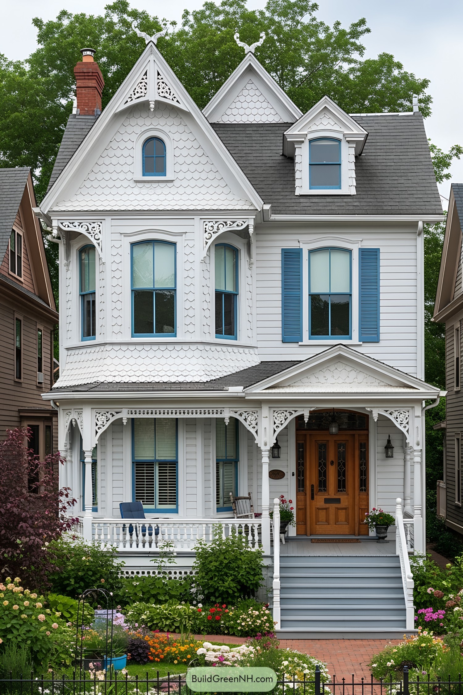 Victorian cottage with ornate details, blue accents, and a flourishing garden