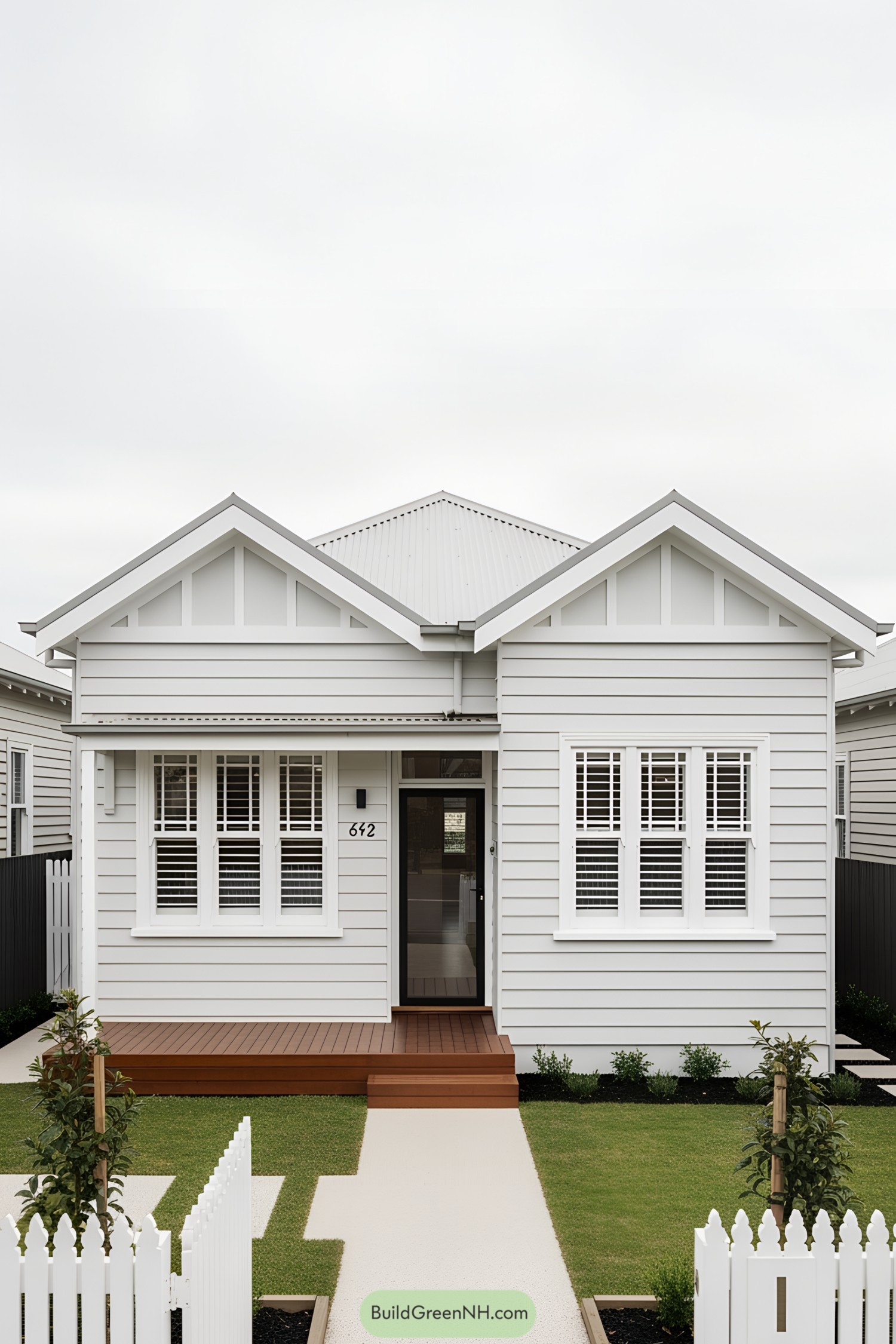 White bungalow with a wooden deck and shutters