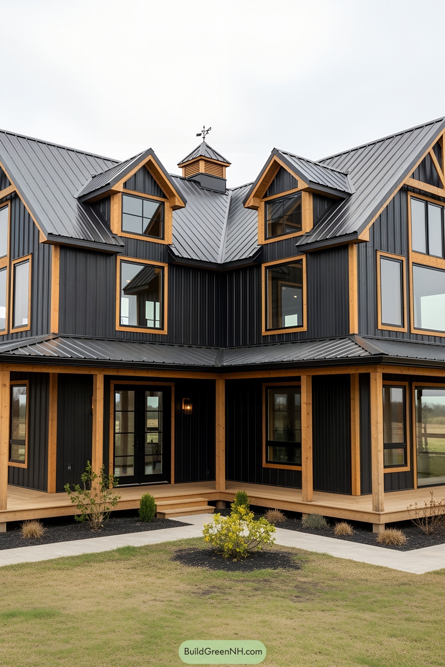 Black barn house with large windows and wooden trim