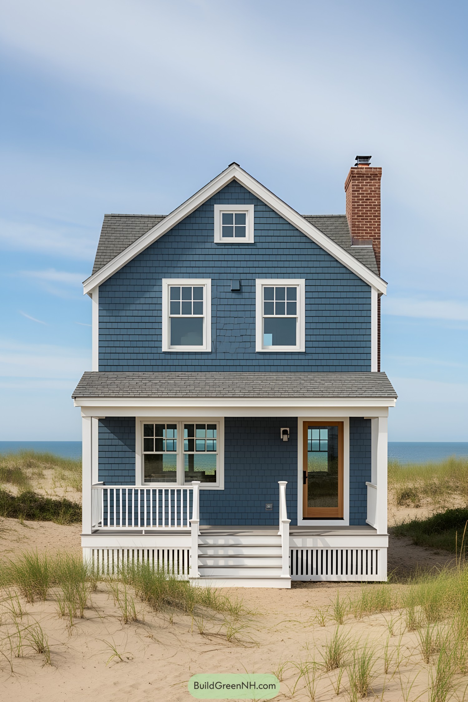 Cozy blue beach house with a chimney