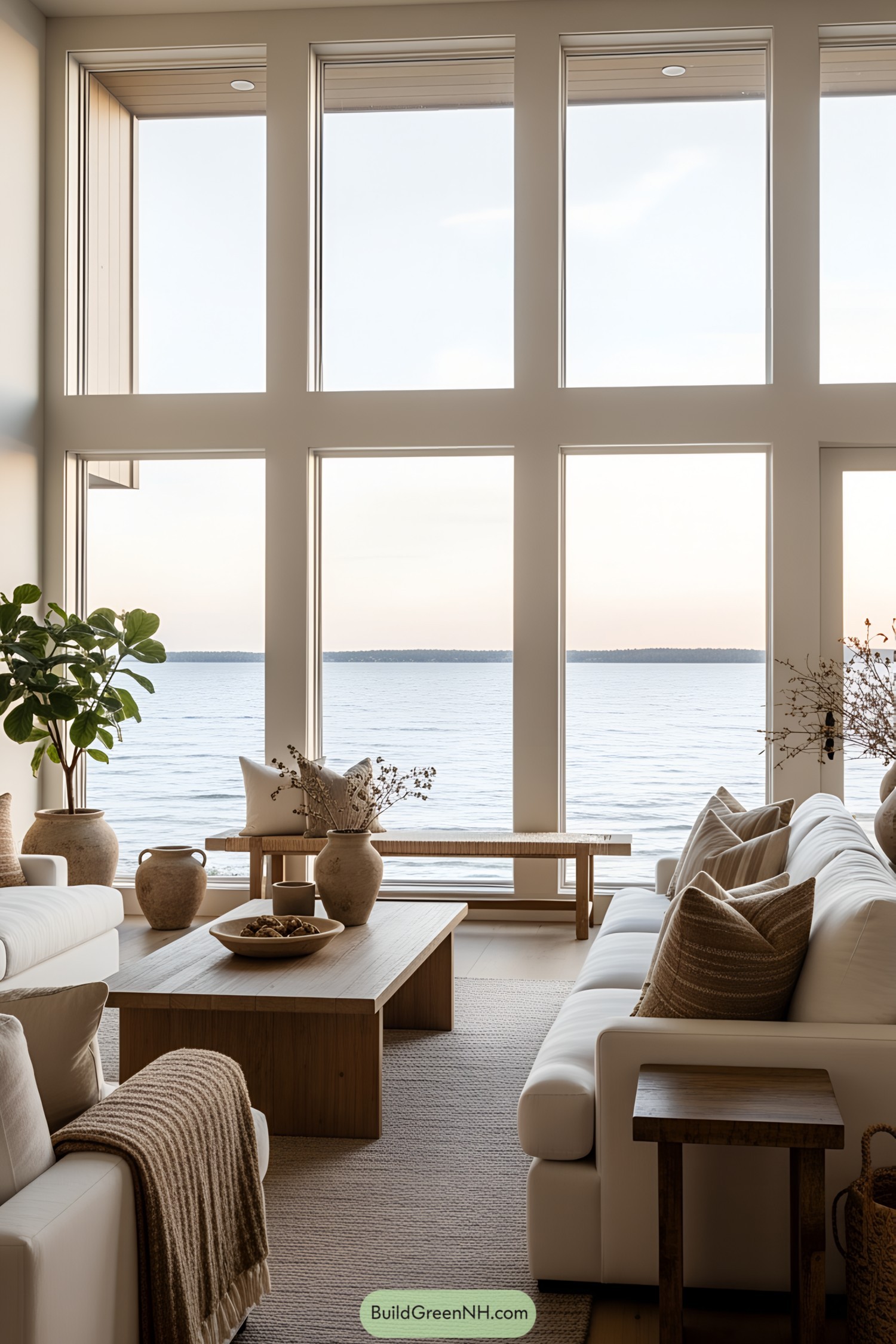 Bright room with large windows facing the lake
