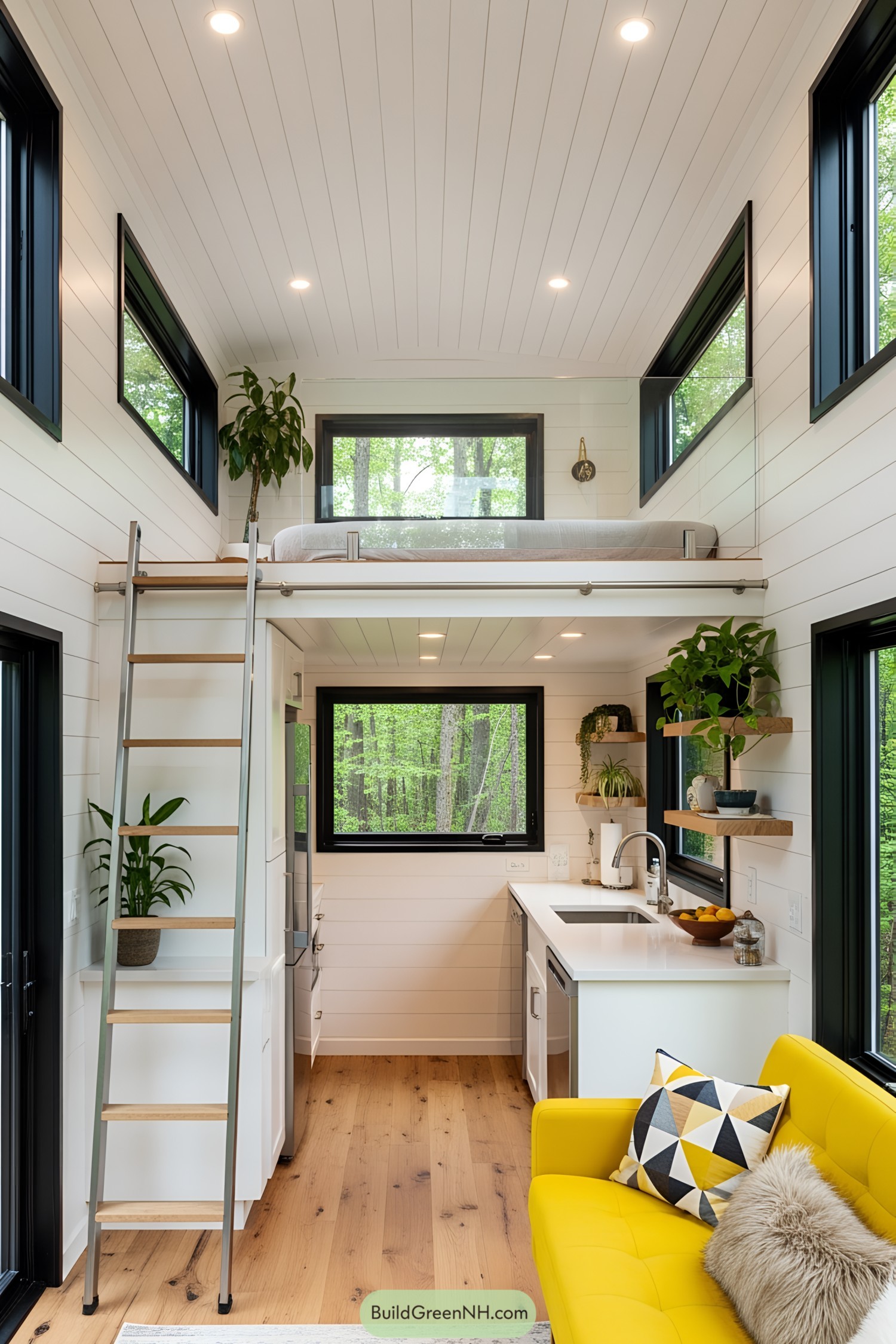 Lofted tiny house interior with modern design and yellow couch