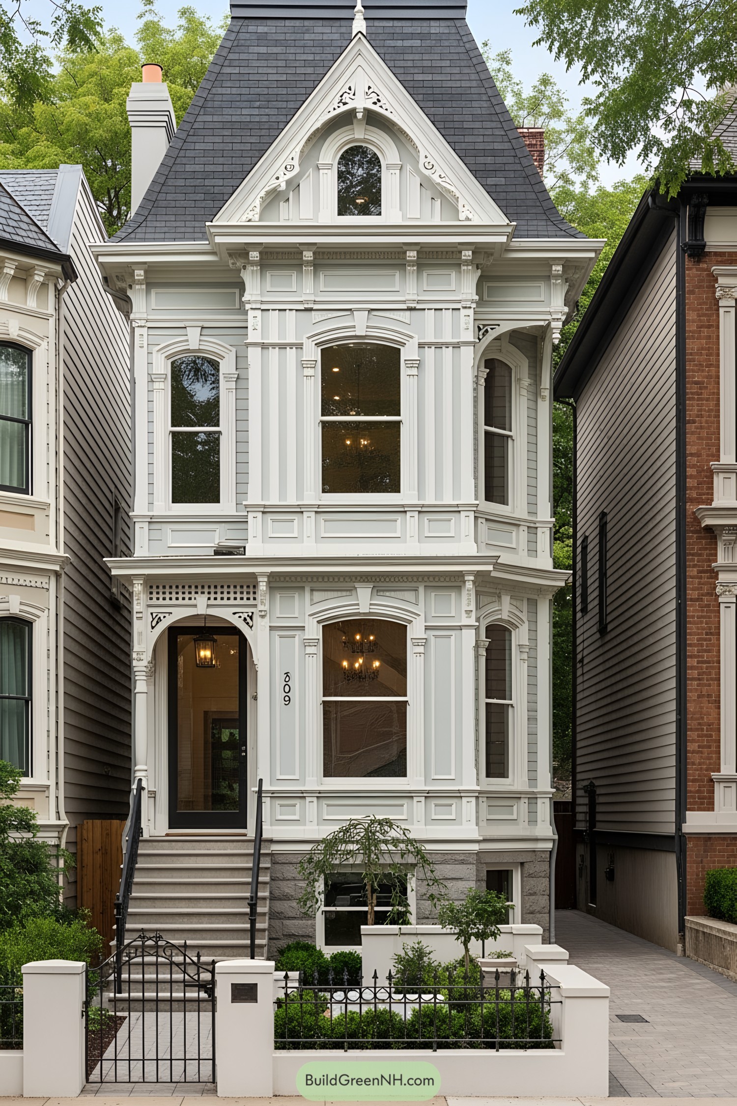 Small Victorian home with a steep roof and elegant details