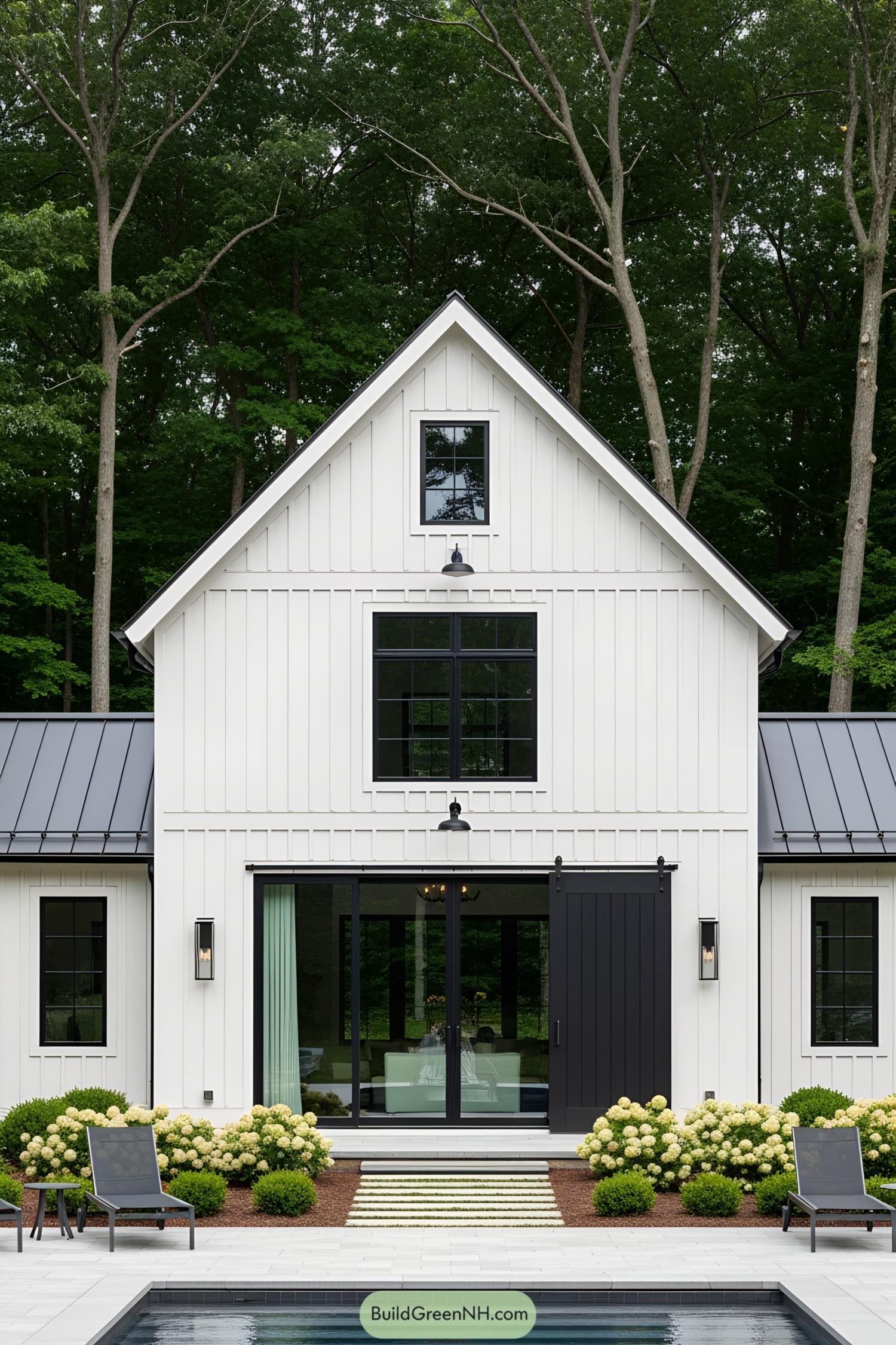 Charming white barn pool house with modern accents