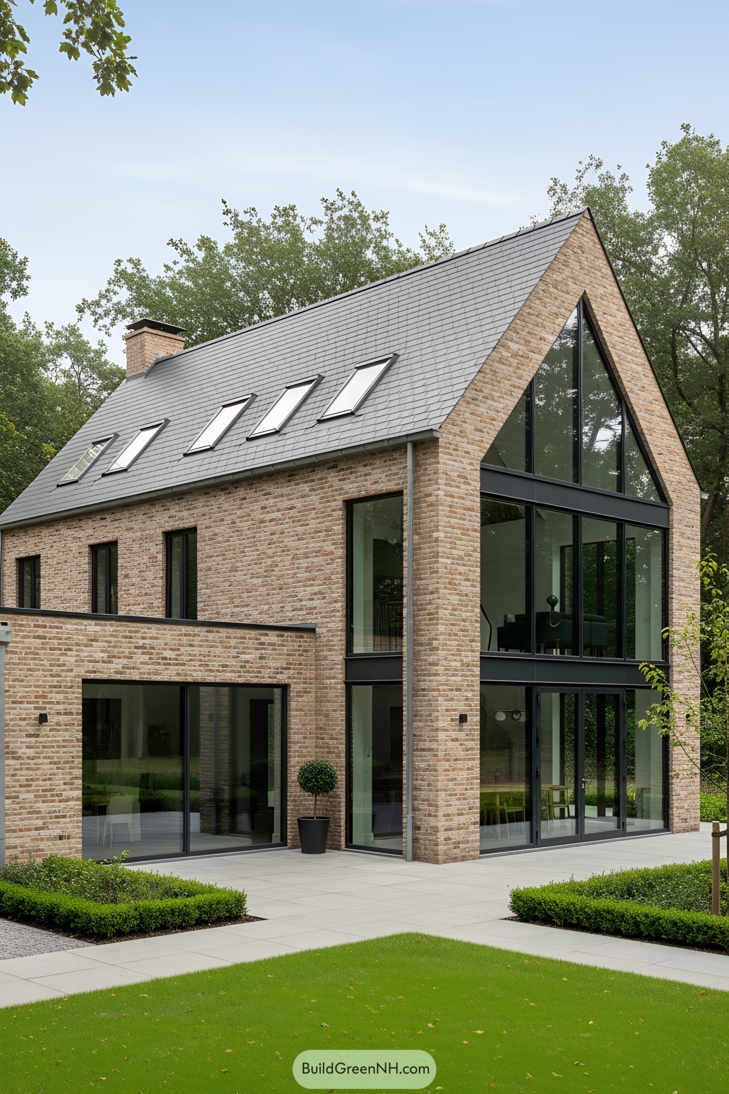 Modern brick farmhouse with large windows and a manicured lawn
