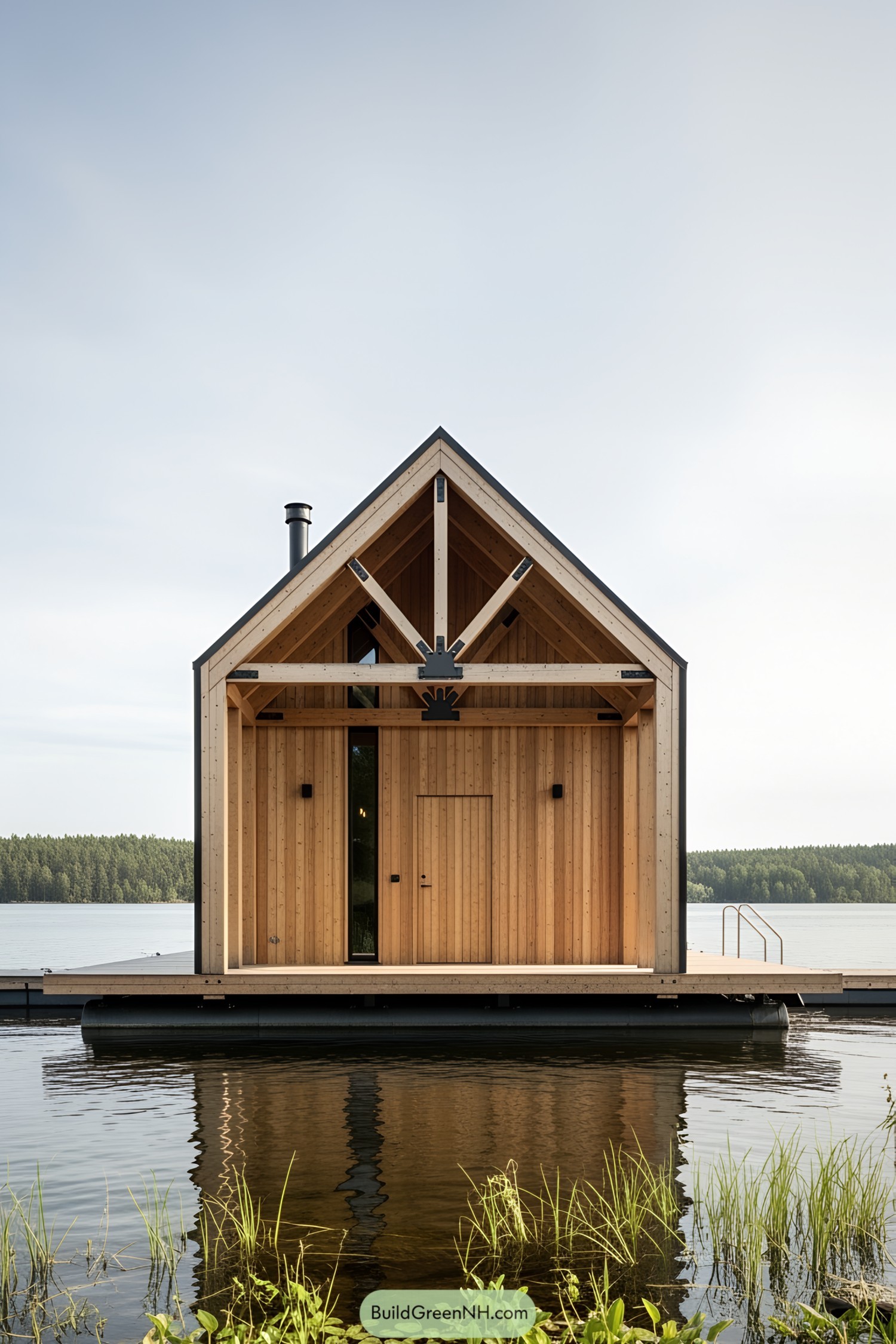 Wooden floating house with a triangular roof on a calm lake