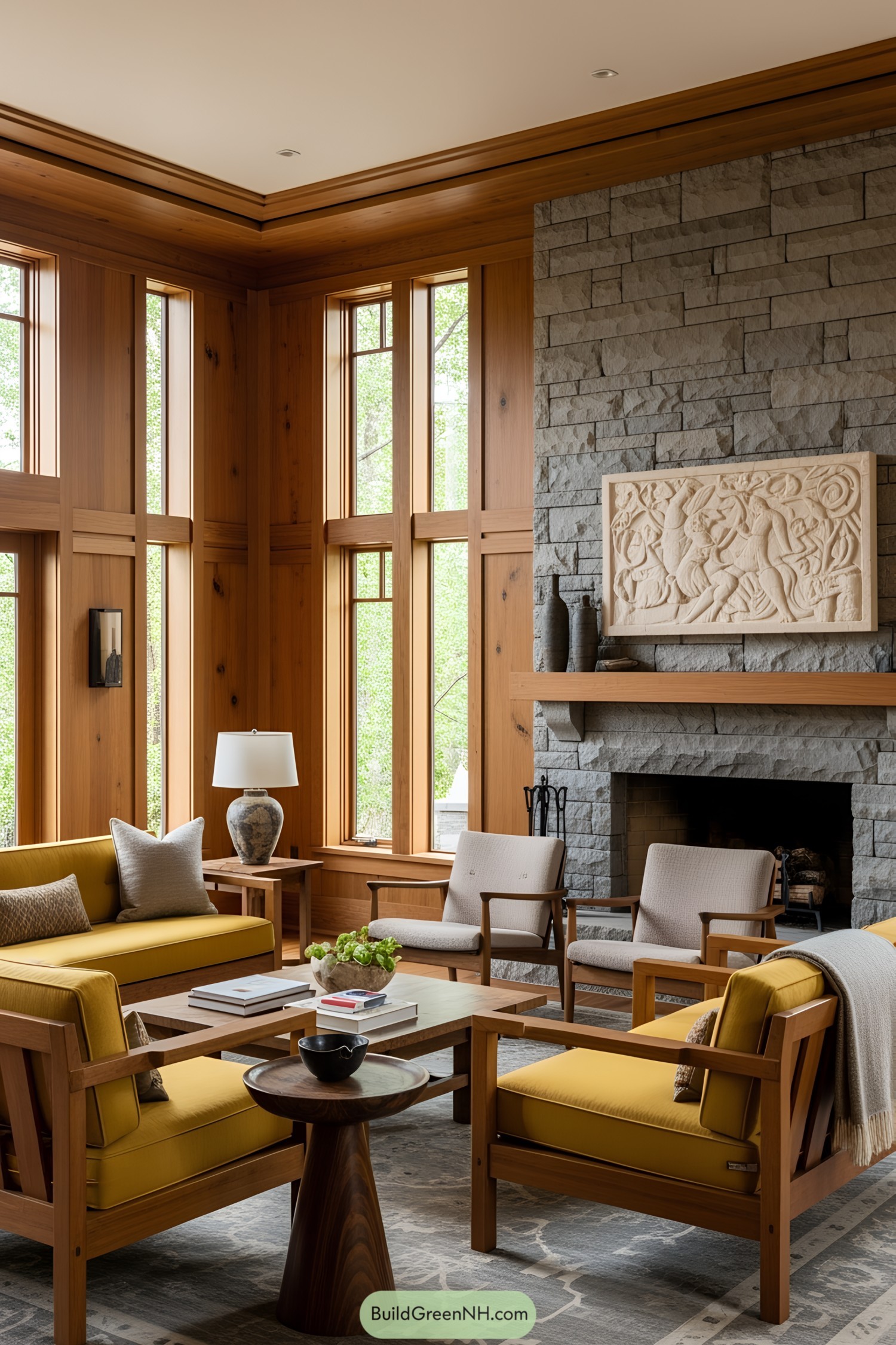Cozy living room with wood accents and a stone fireplace