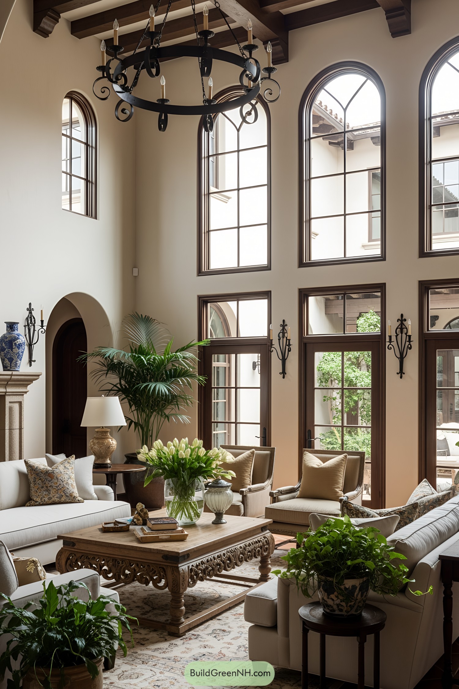 Elegant living room with high ceilings and large arched windows
