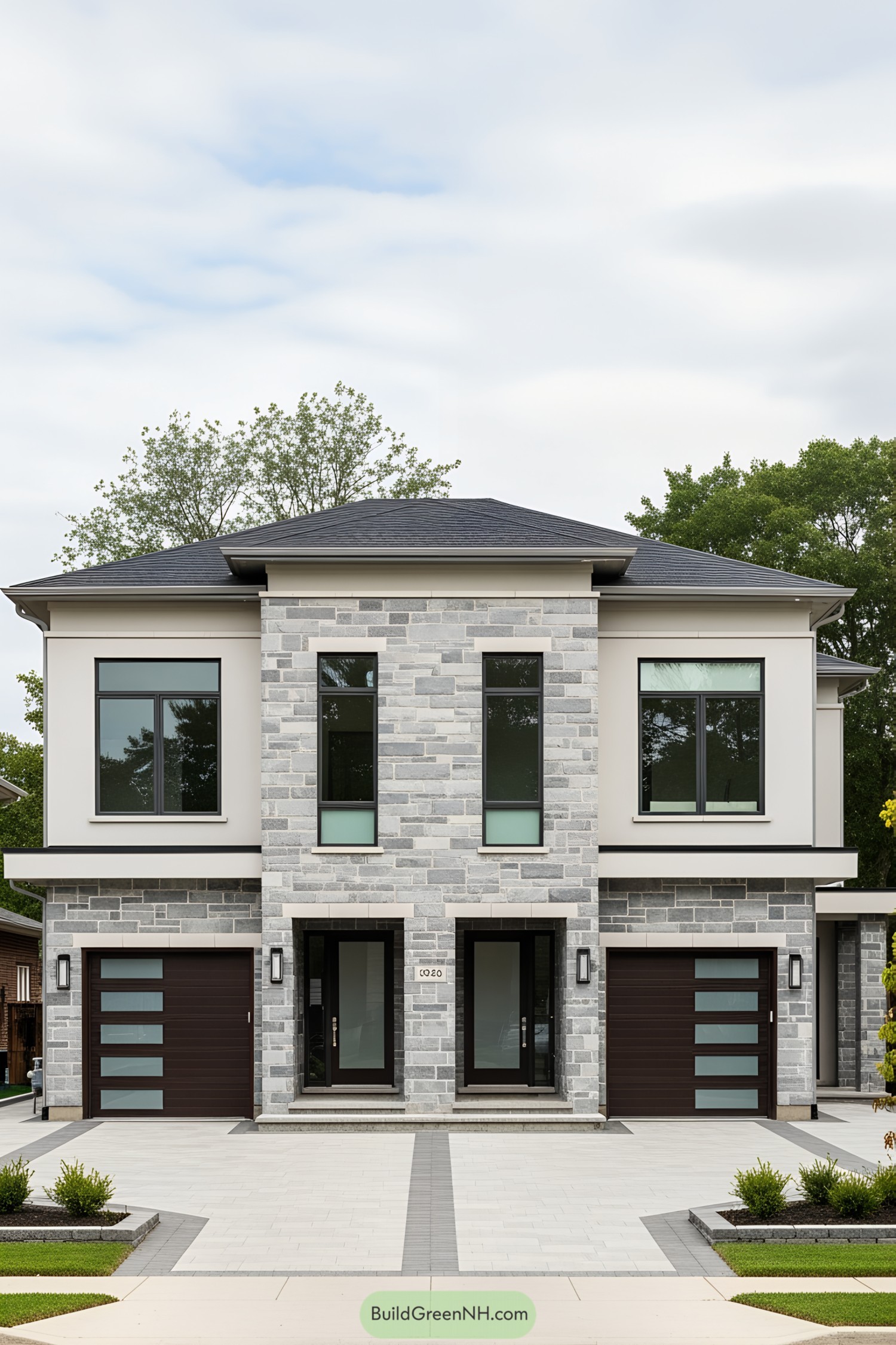 Front view of a stylish modern duplex with stone facade