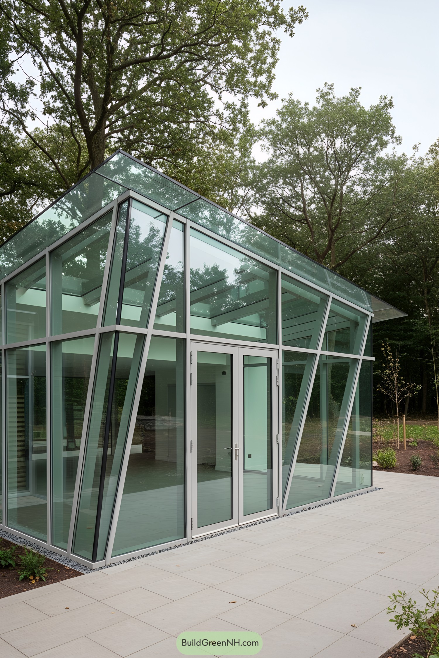 Modern glass structure with angular design in a wooded setting