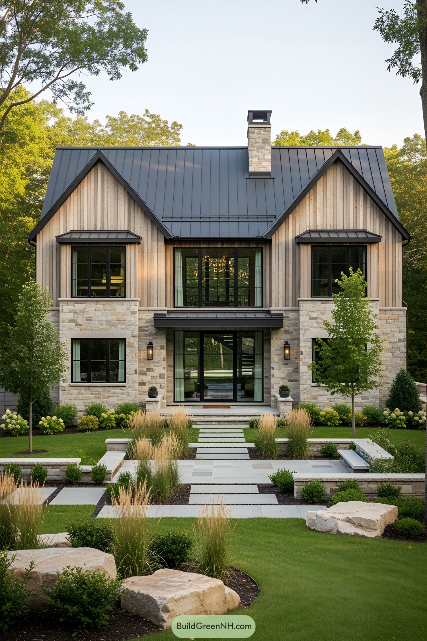 Modern rustic house with wood and stone façade in a lush setting