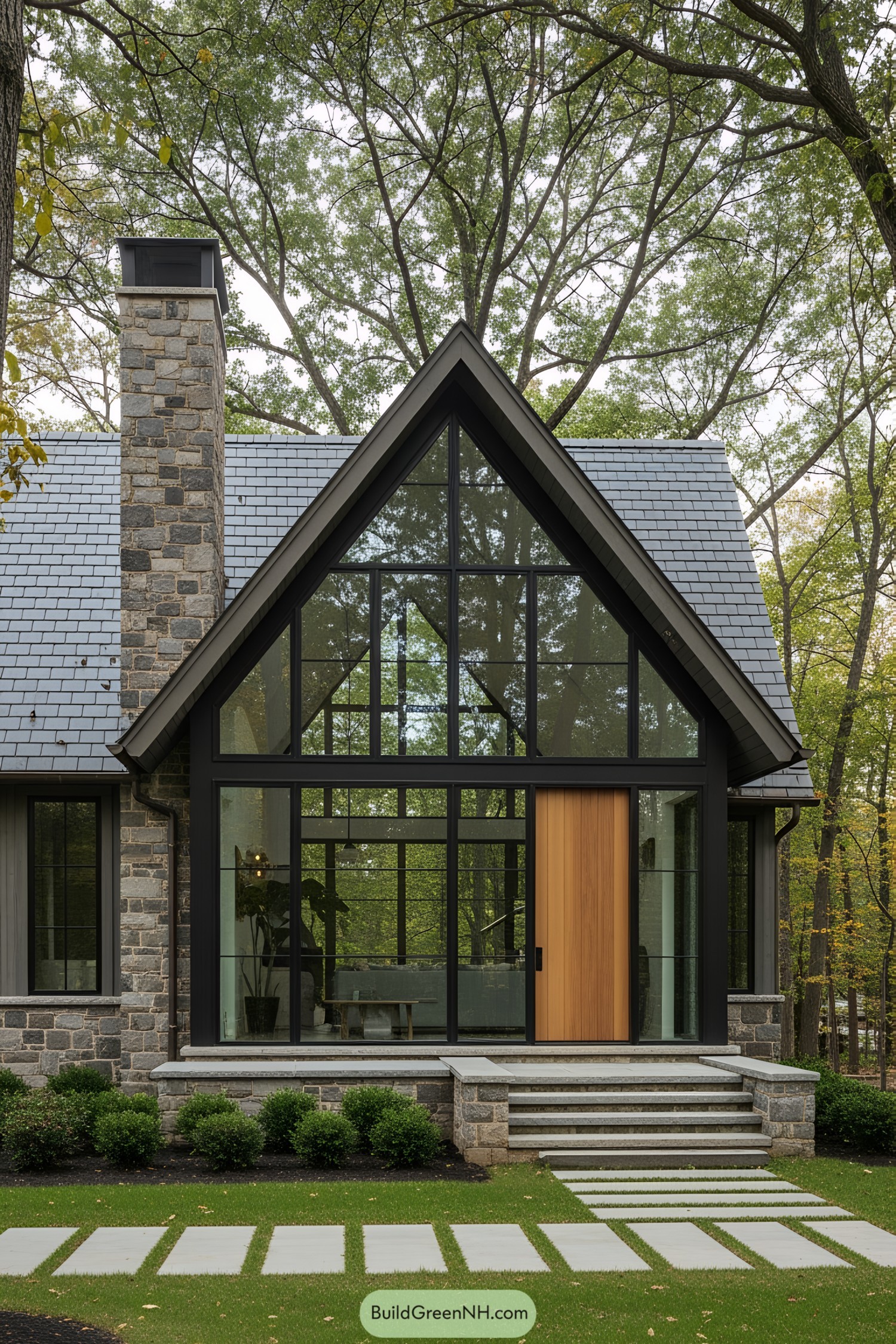 Modern rustic house with large glass windows and stone chimney