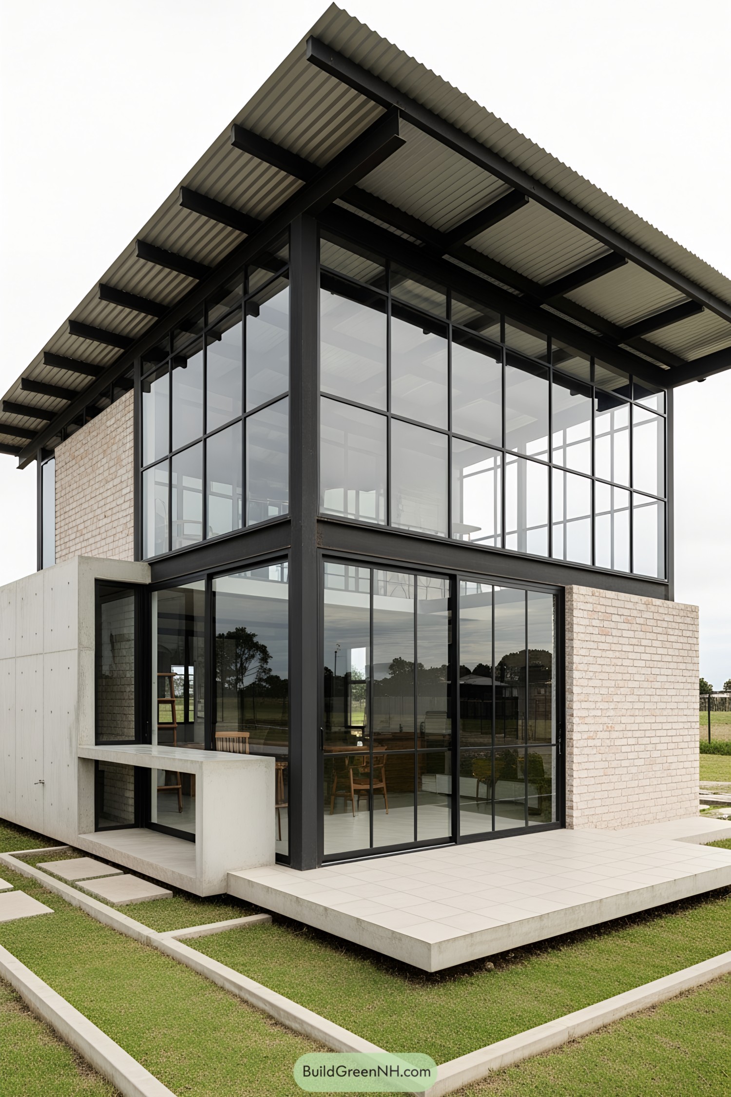 Modern house with large windows and steel accents