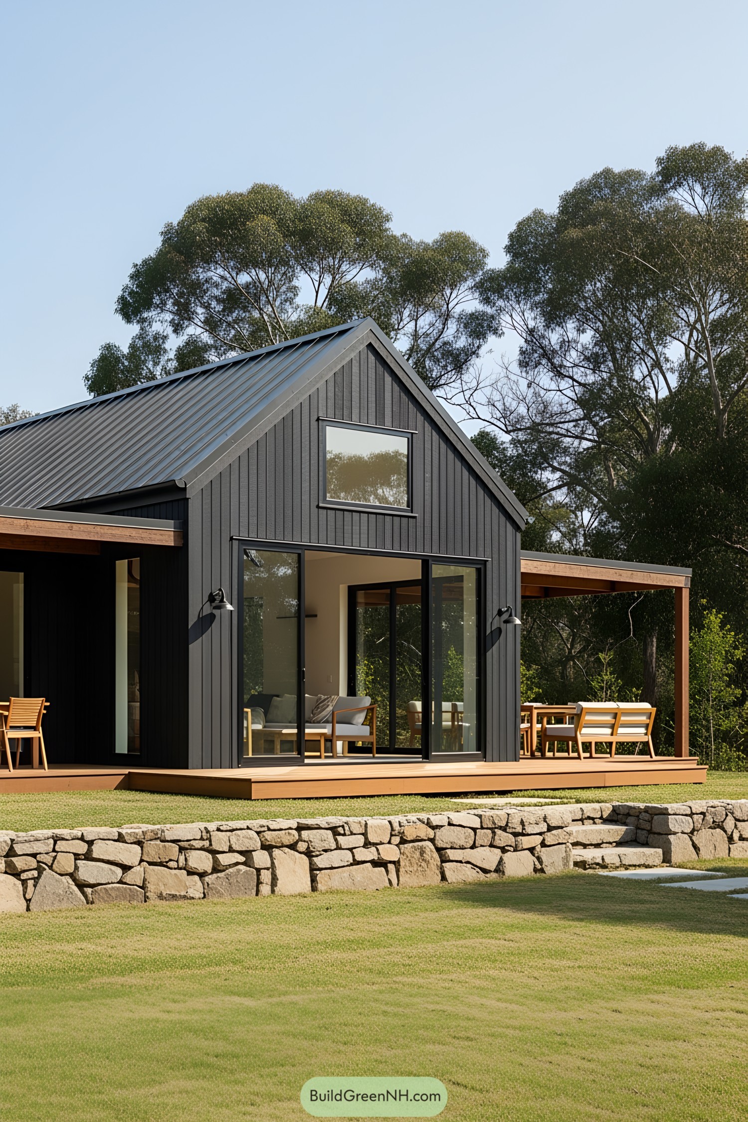 Black barn house with sleek wooden accents