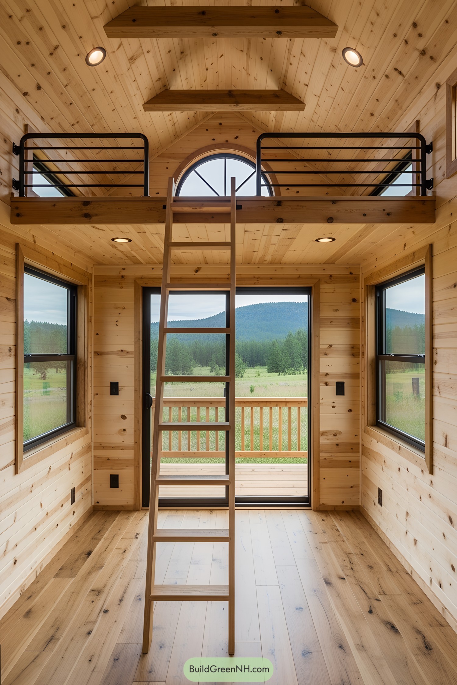 Tiny house interior with loft ladder