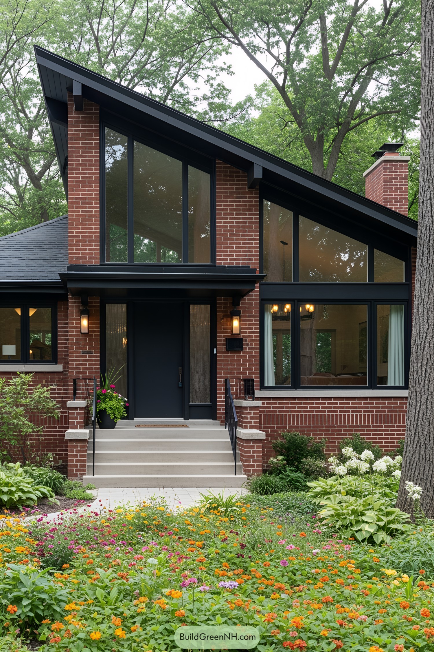 Red brick bungalow with tall windows and lush garden