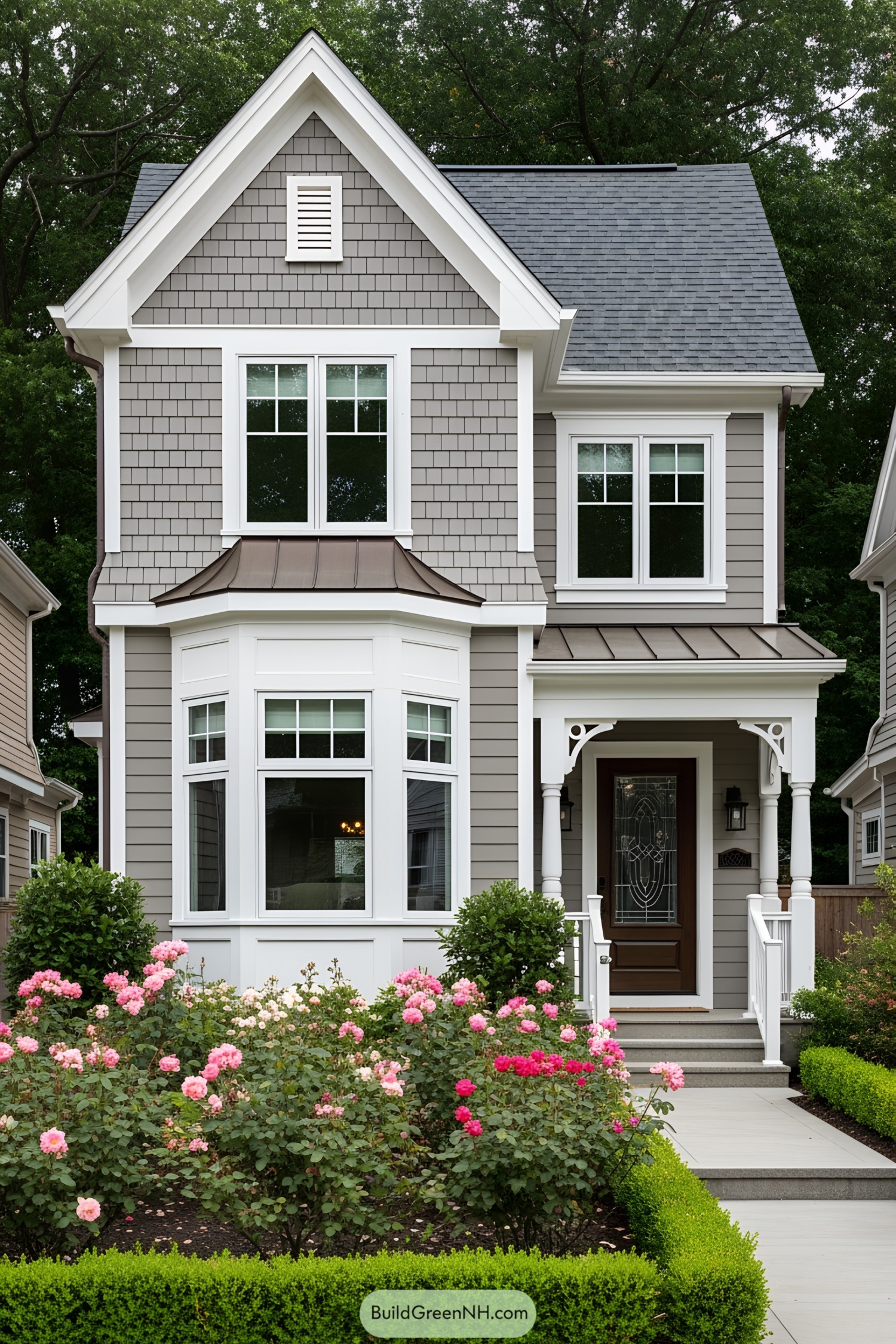 Quaint Victorian house with a gabled roof and rose garden