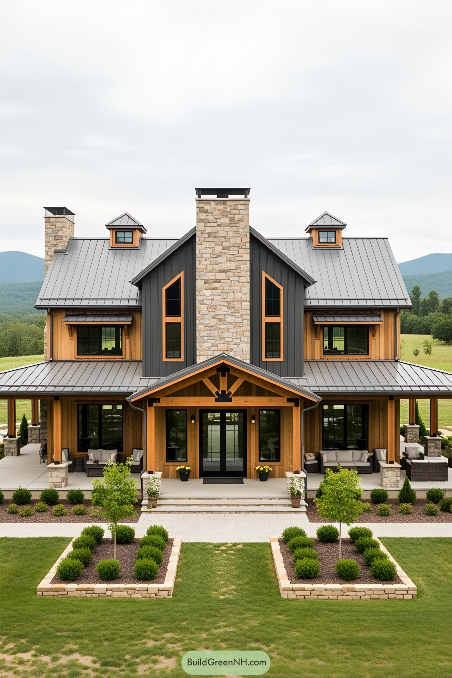 Large barn-style home with wraparound porch