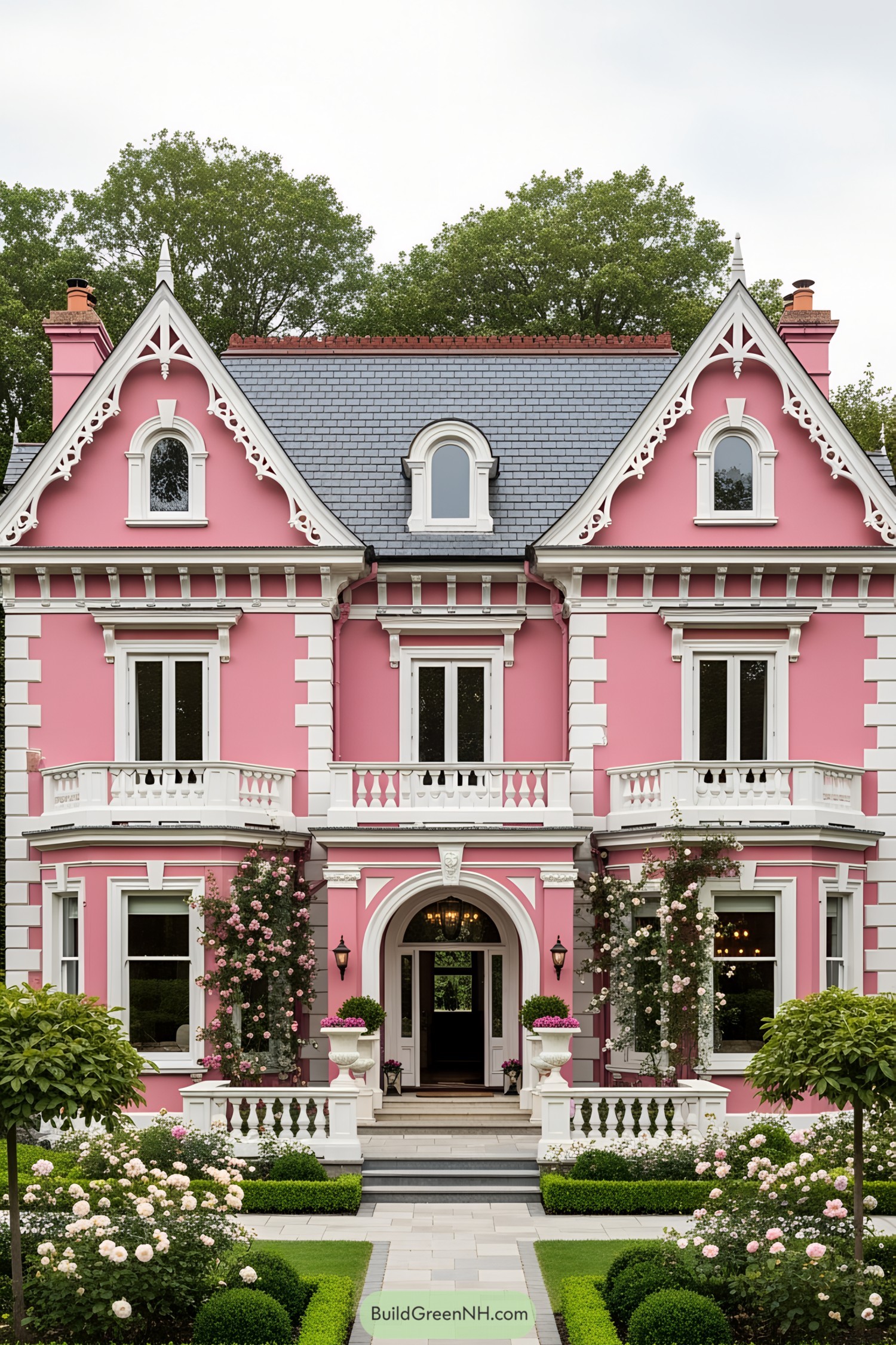 Elegant pink Victorian house with ornate details and lush garden