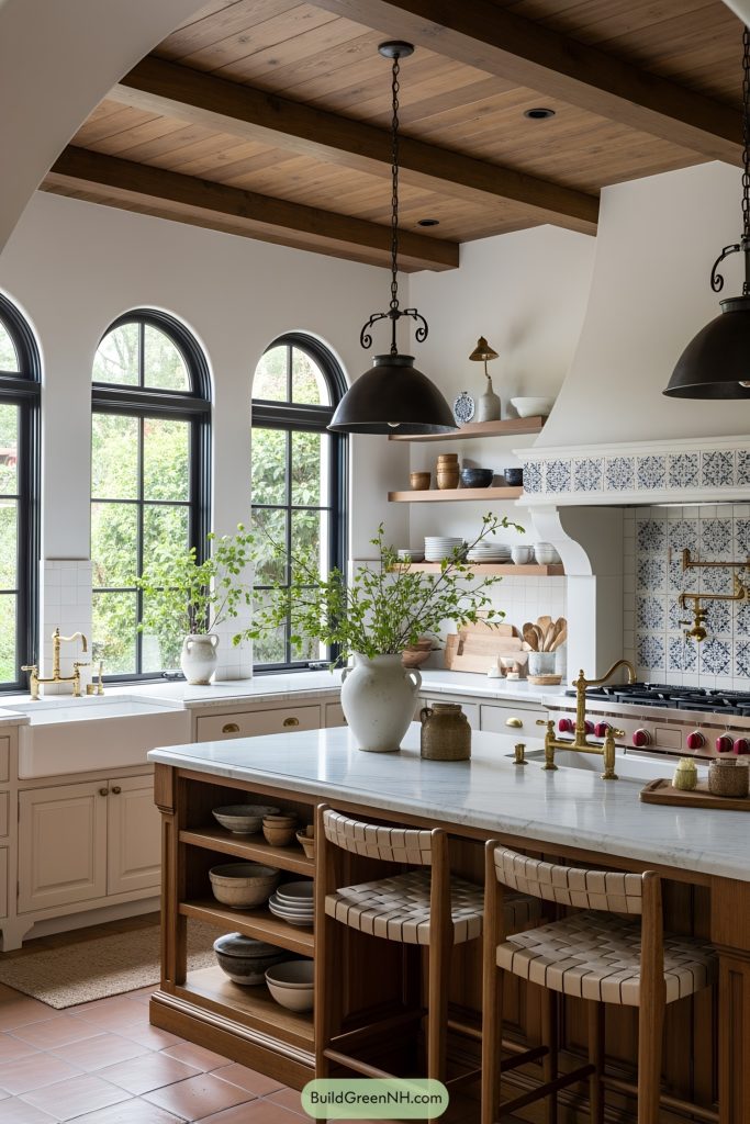 Kitchen in a Spanish Revival style exudes a warm elegant aesthetic with a palette of creams earthy browns and charcoal accents. Distinctive