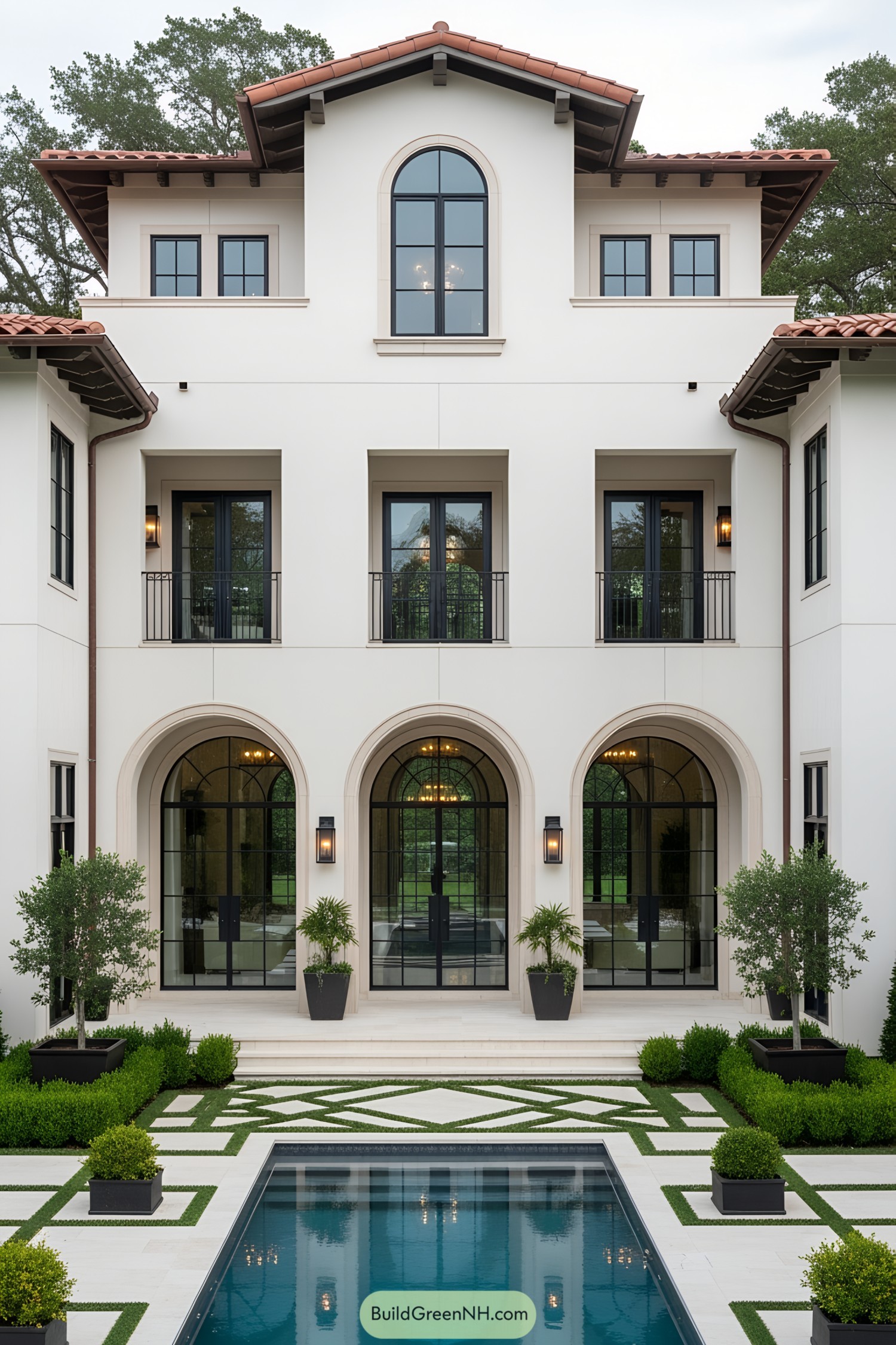 Exquisite villa exterior with pool and gardens