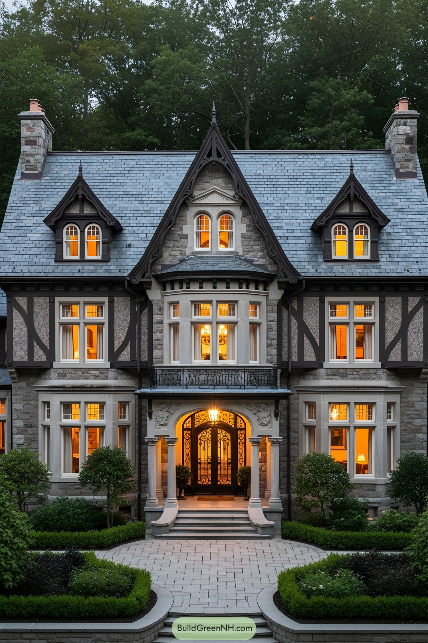 Grand Victorian-style house with pointed roofs and bright windows