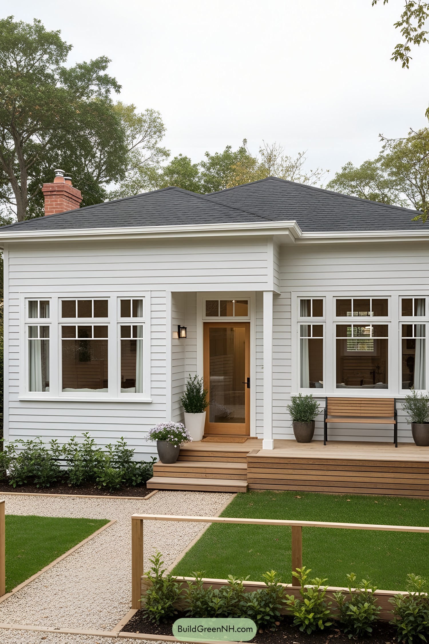 A charming white bungalow with a wooden porch and manicured lawn