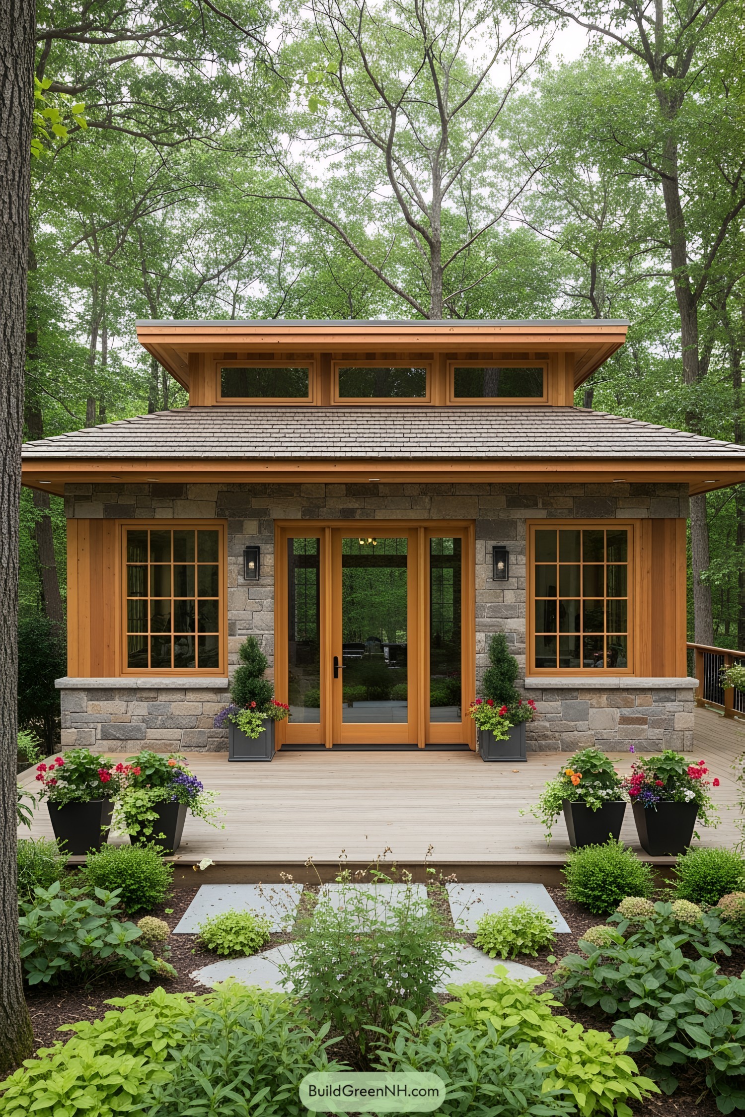 Compact cabin with wooden and stone accents