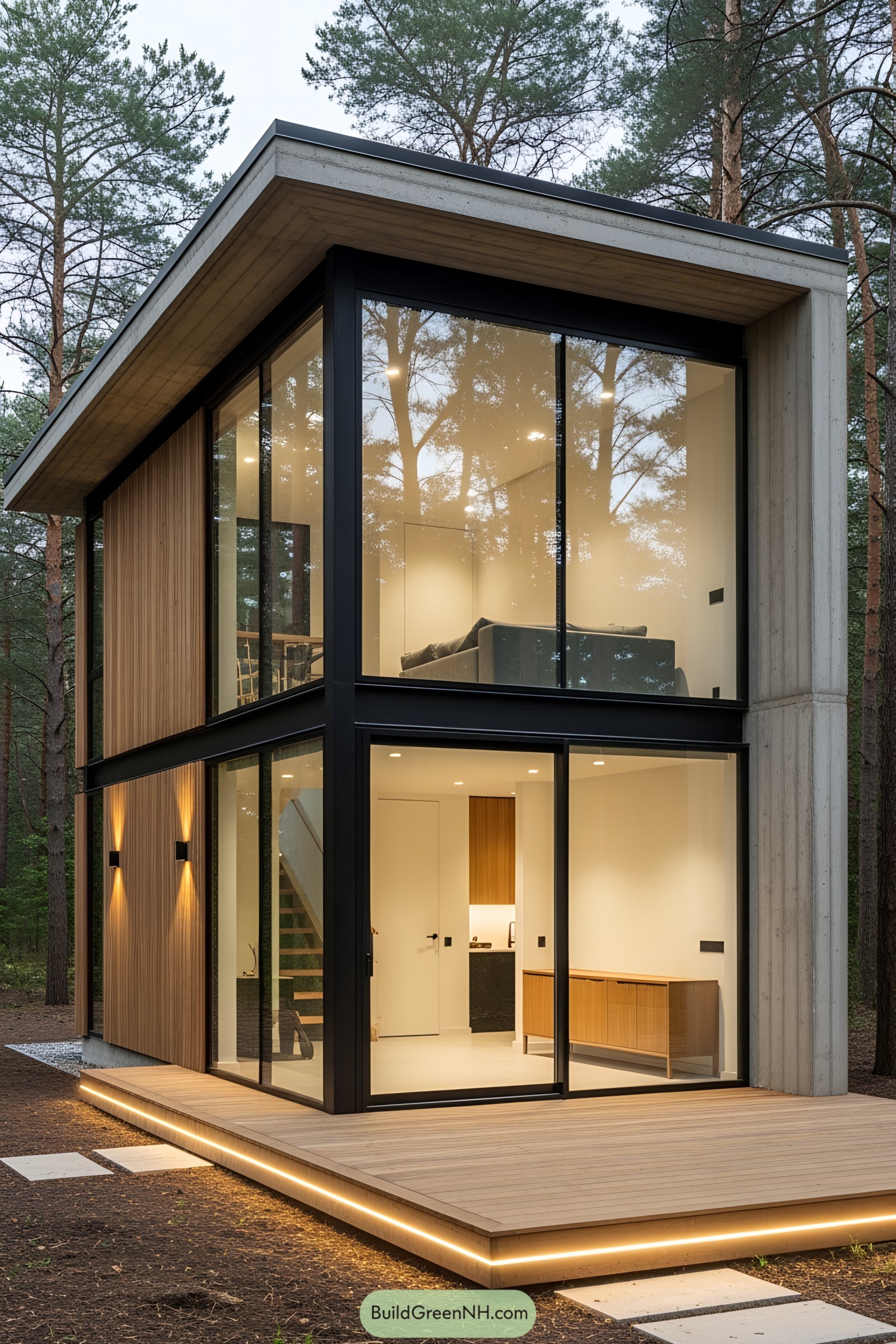 Two-story modern house with large glass windows in a forest